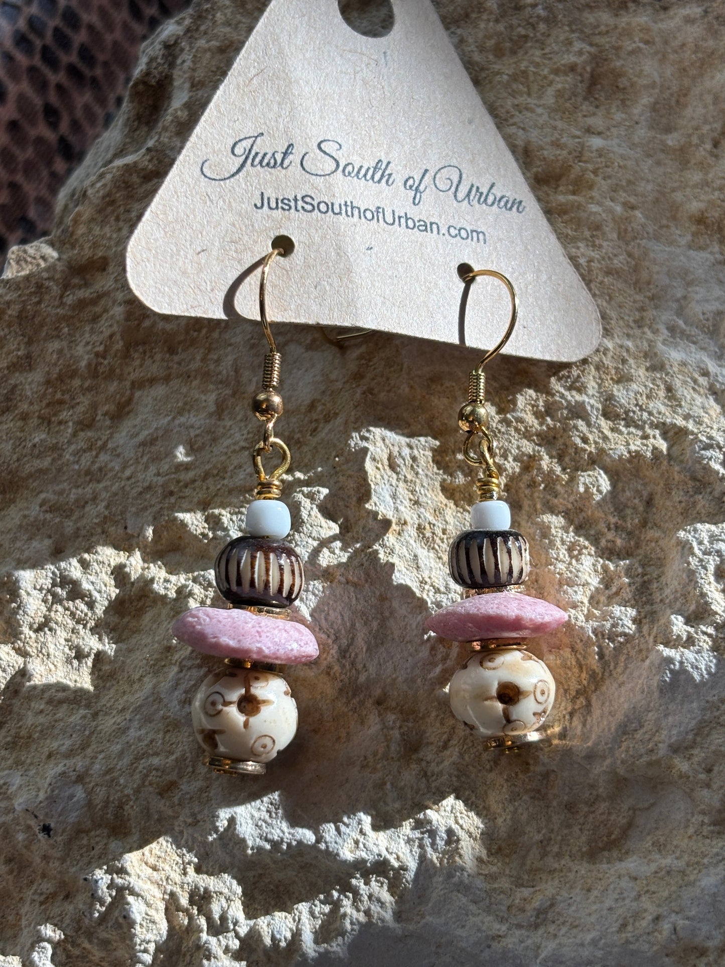 Pink Stone and Bone Carved Beaded Earrings, 2", Artisan Beads