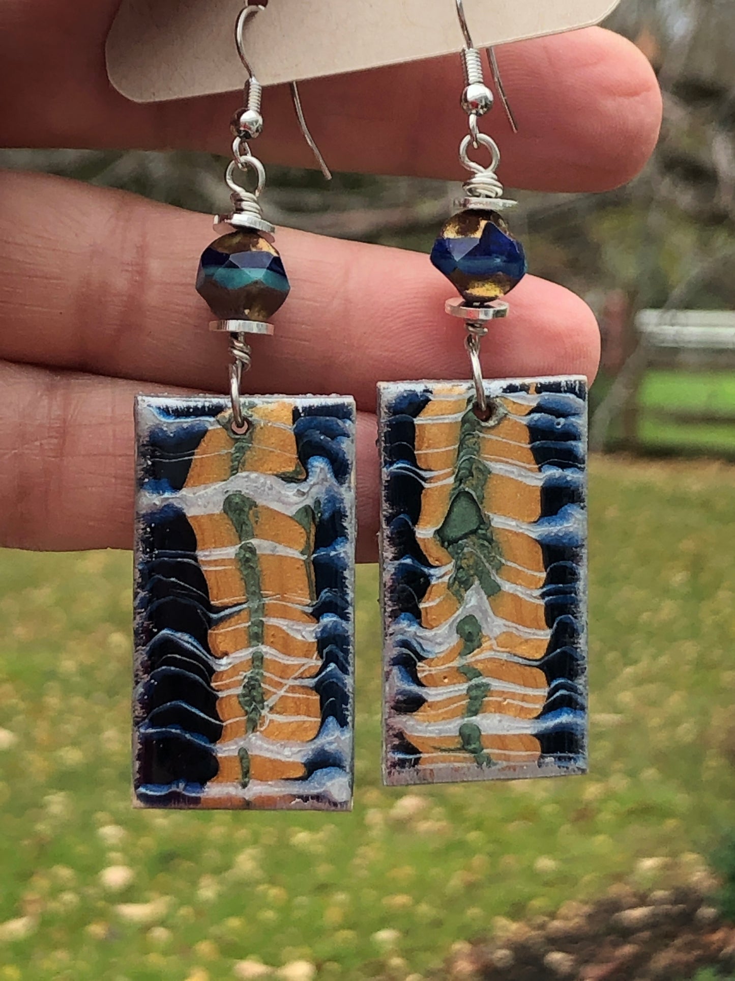 Blue Tiger Paint Pour Earrings with Czech Glass Beads  3" x 3/4"