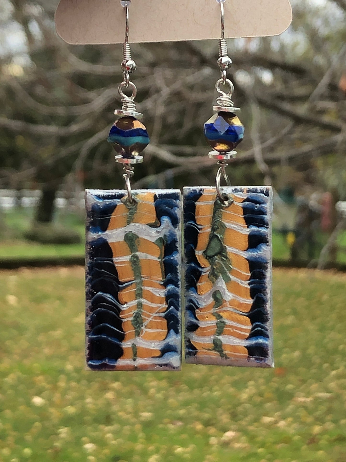 Blue Tiger Paint Pour Earrings with Czech Glass Beads  3" x 3/4"