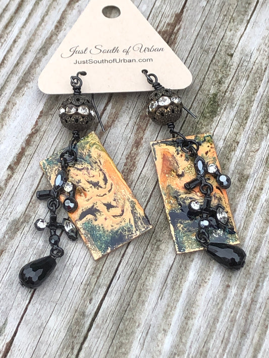 Autumn Elegance, Paint Pour Earrings with Rhinestone Dangles and Onyx Faceted Tear Drops