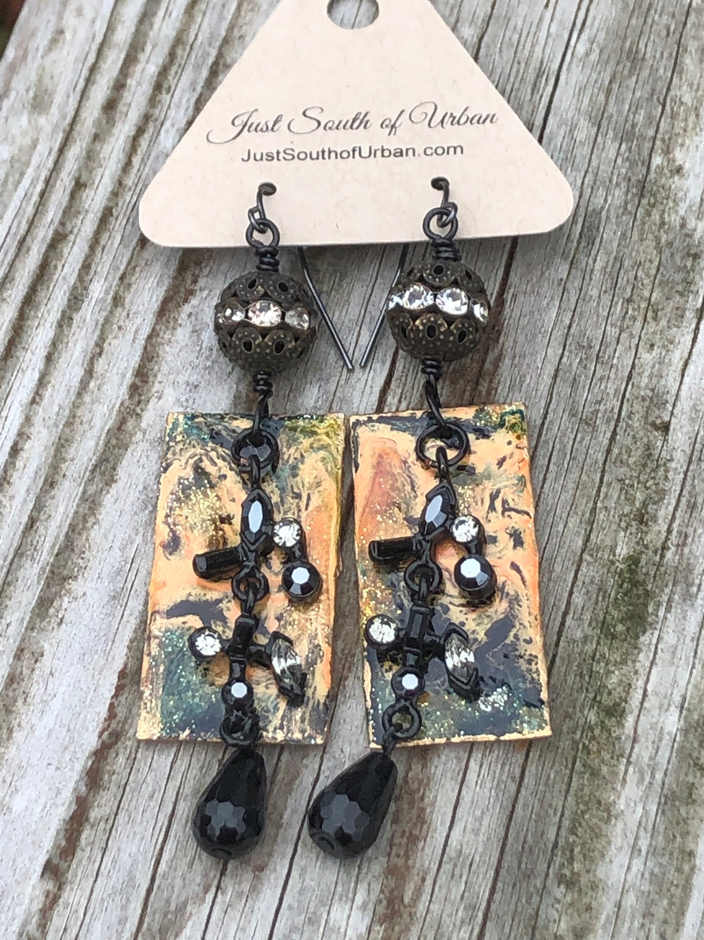 Autumn Elegance, Paint Pour Earrings with Rhinestone Dangles and Onyx Faceted Tear Drops