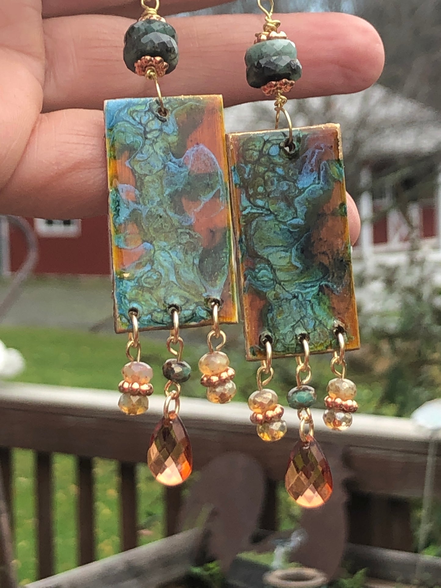 Fire and Water, Paint Pour Earrings with Faceted Emerald and Czech Beads