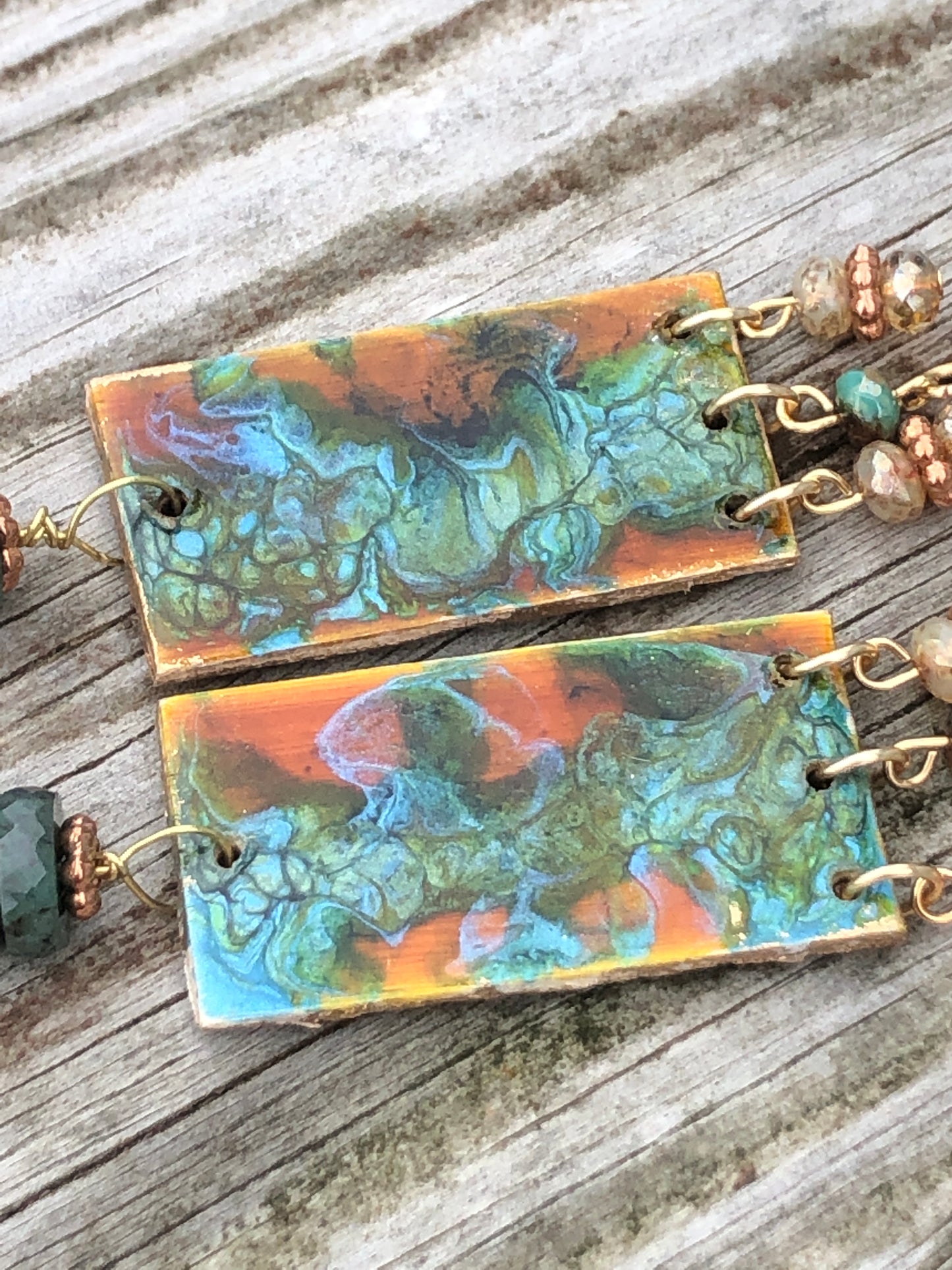 Fire and Water, Paint Pour Earrings with Faceted Emerald and Czech Beads