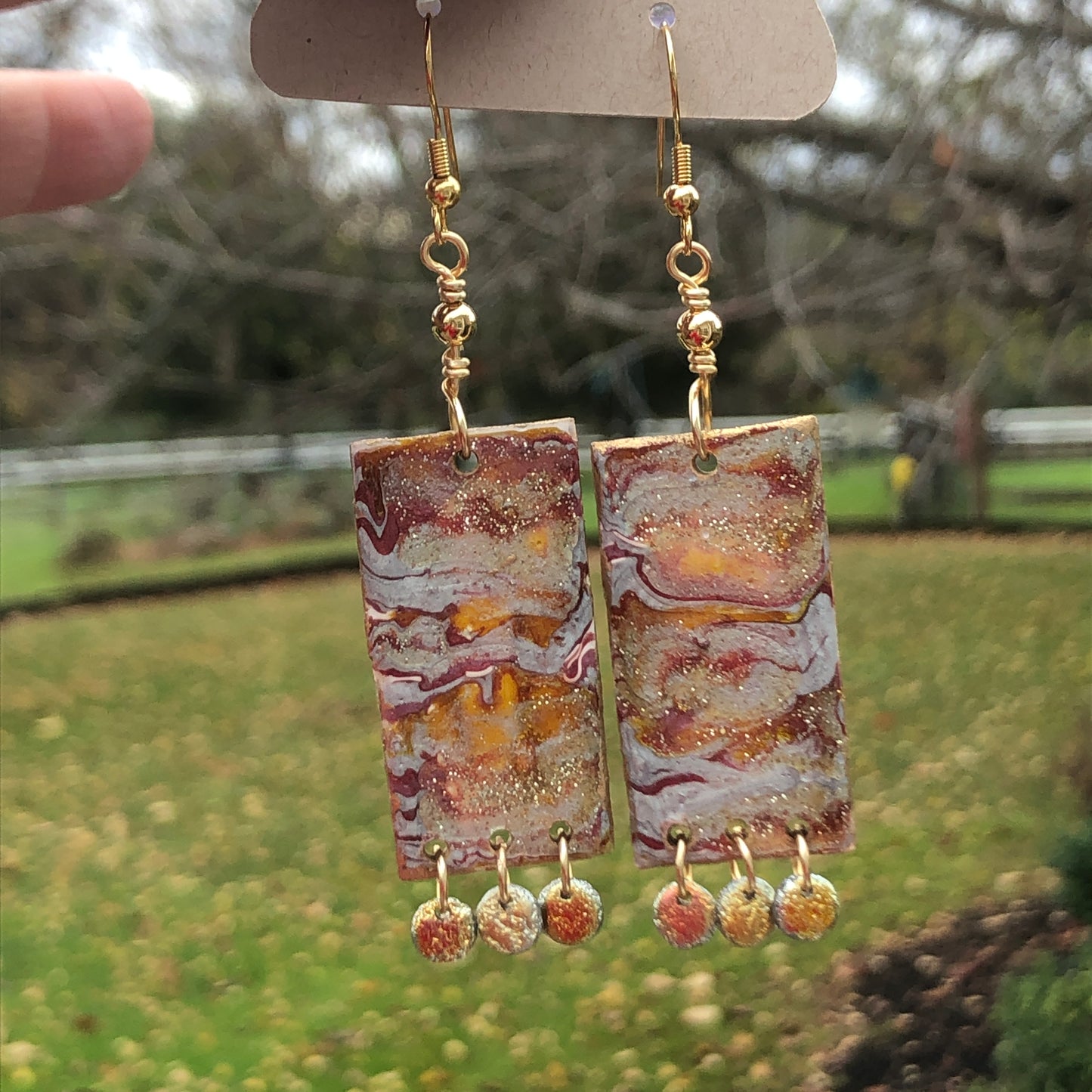 Coral Reef, Paint Pour Earrings, 3" x 3/4", Light Weight