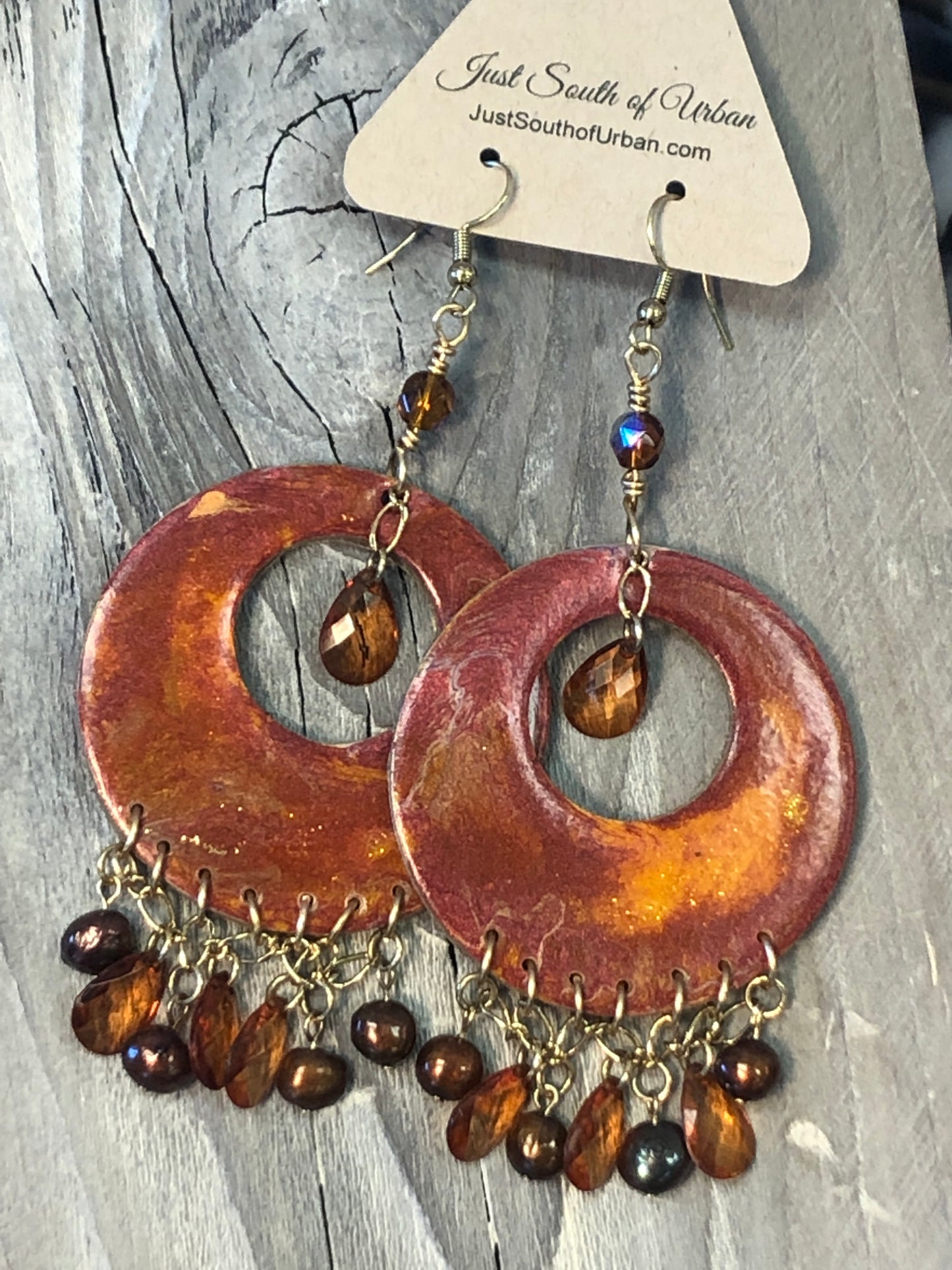Dancing Gypsy, Paint Pour Earrings, 4.25" x 2", Lightweight, Rustic Tones