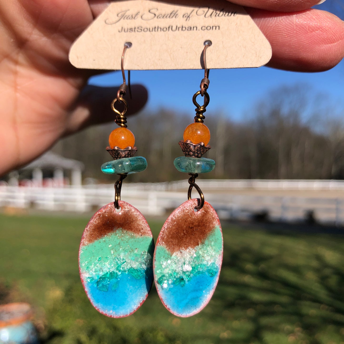 Beach Day, Glass Fired Enameled Earrings, African Re-cycled Glass Beads