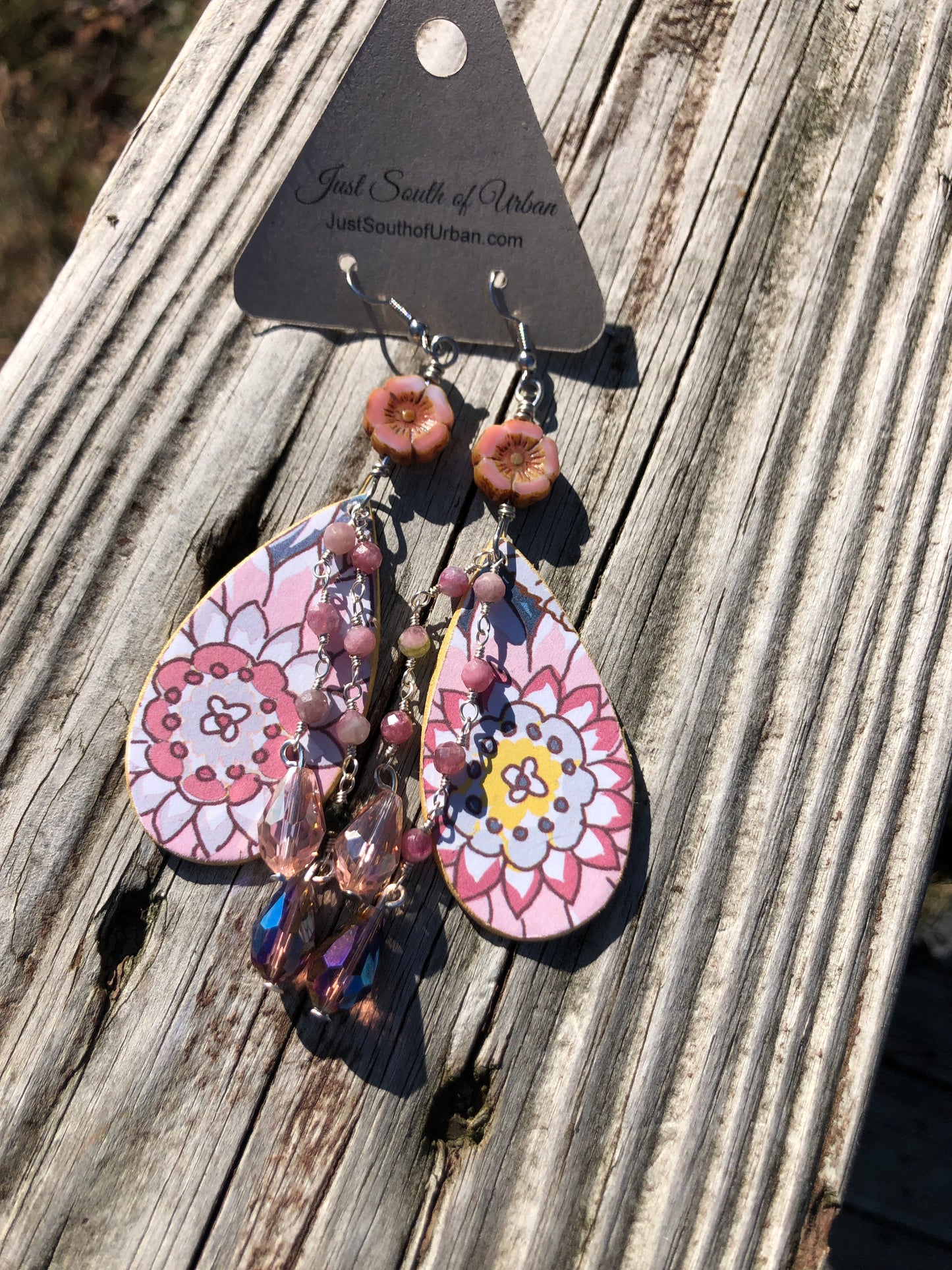 Flower Power, Decoupage Beaded Earrings, Czech Glass Beads, 4" Light weight