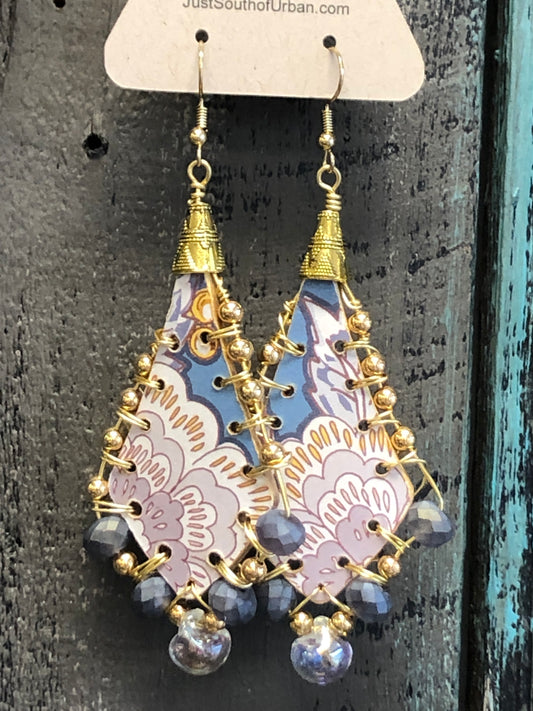 Spring in Indonesia, Handmade Earrings, Wood, Decoupage, Beads, Wire Wrap, Gold and Blue