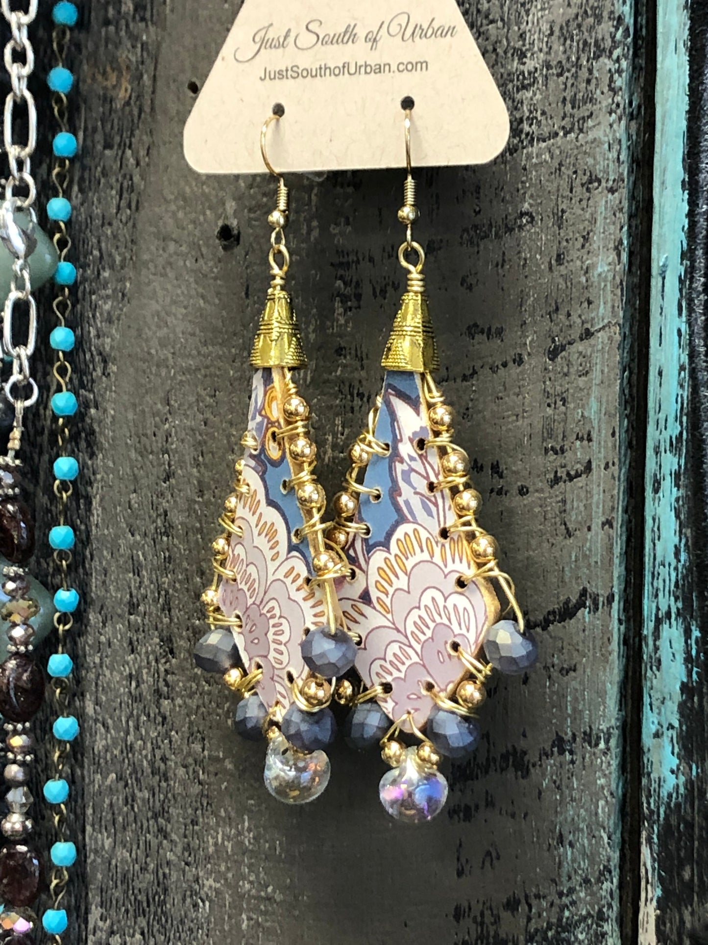 Spring in Indonesia, Handmade Earrings, Wood, Decoupage, Beads, Wire Wrap, Gold and Blue