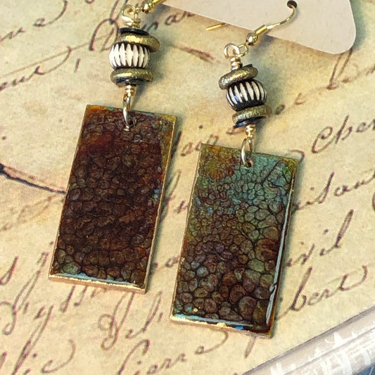 Dragon's Skin Paint Pour Earrings, African Brass and Carved Bone