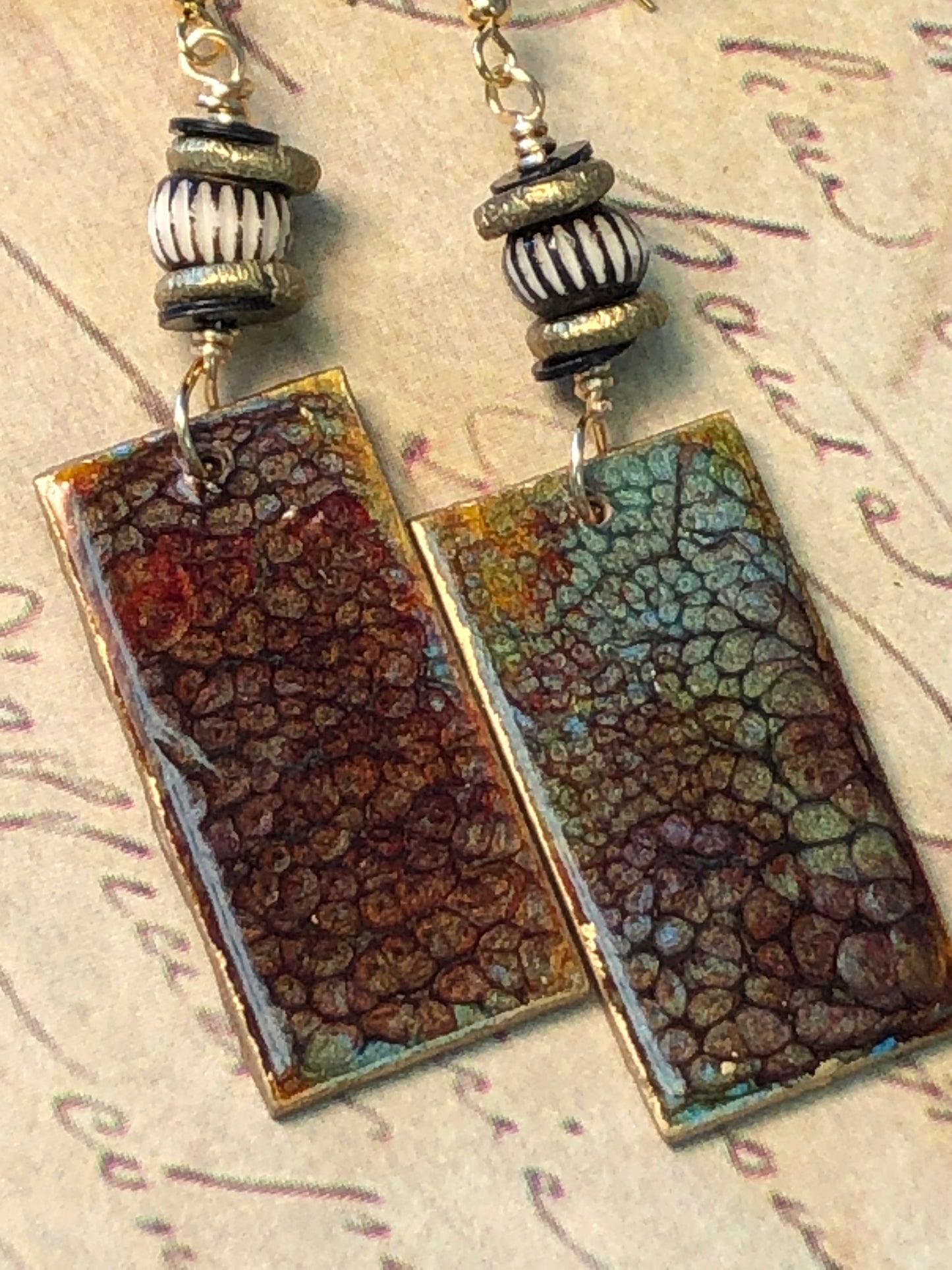 Dragon's Skin Paint Pour Earrings, African Brass and Carved Bone