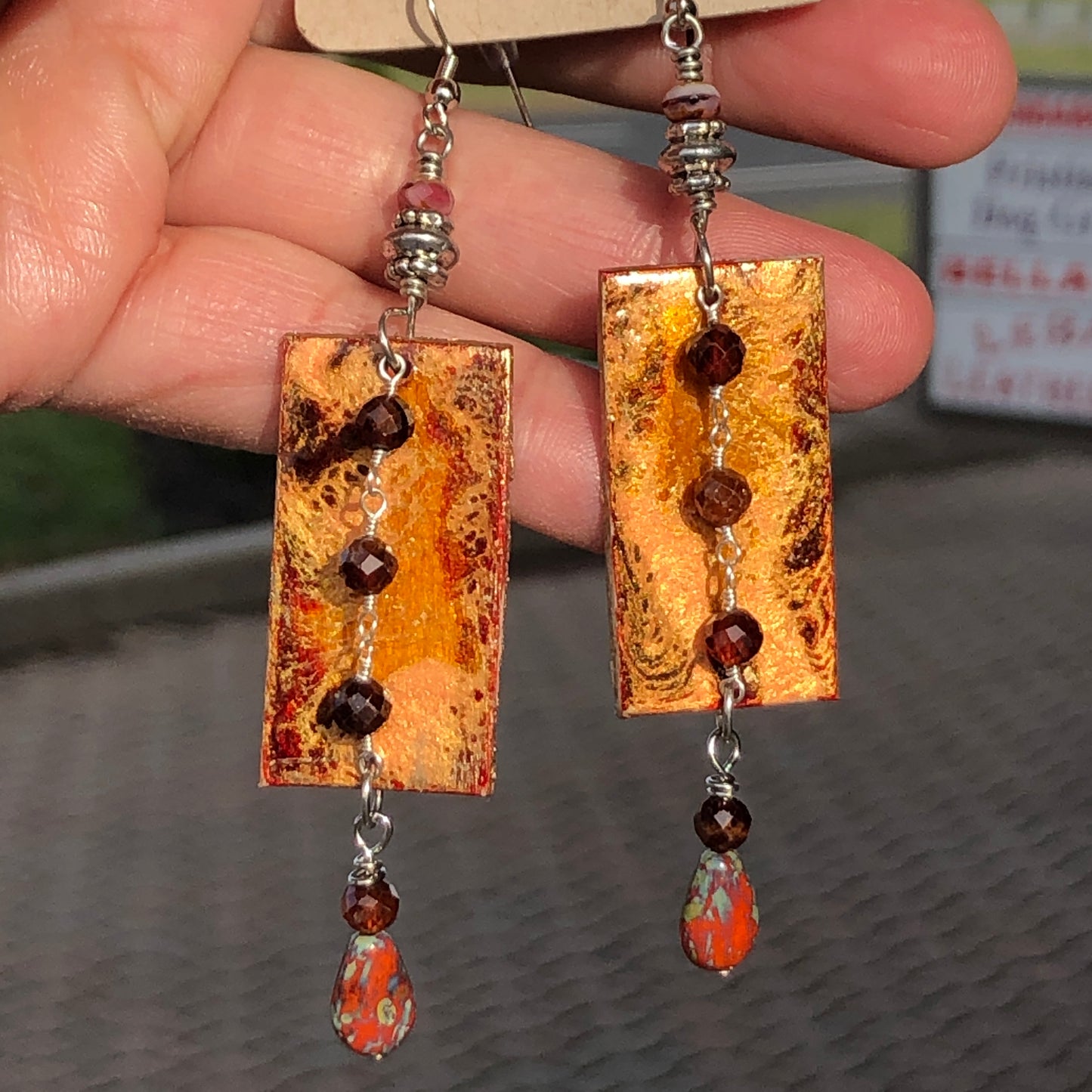 Hilo Hot, Paint Pour Earrings, Czech Beads and Faceted Garnets