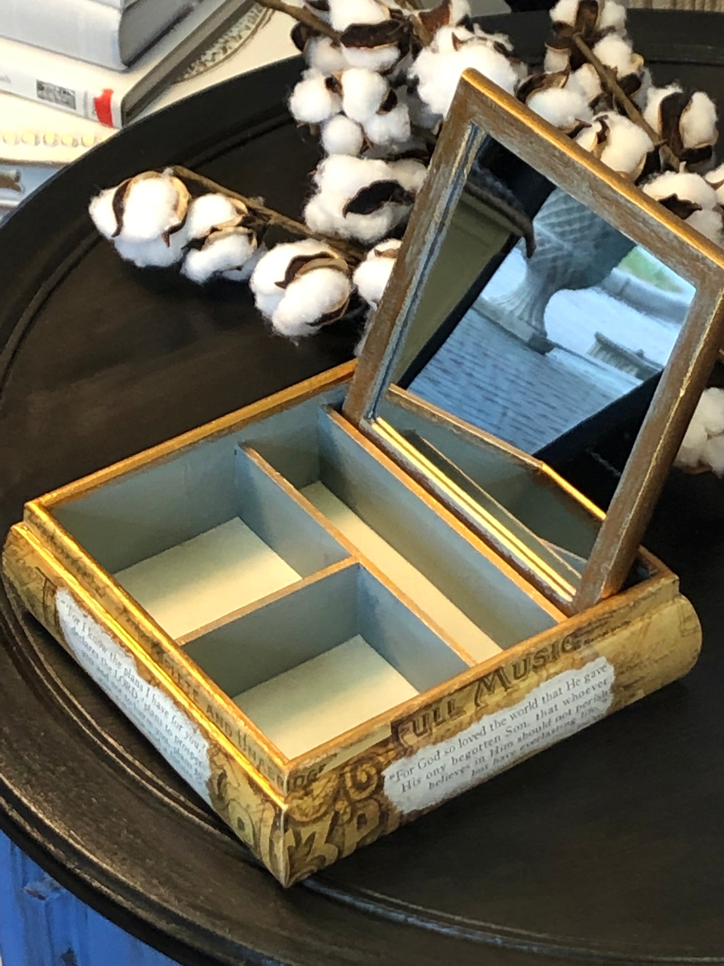 Rustic Old World Scripture Cigar Box, Jewelry Box, Mirror and Velvet Interior