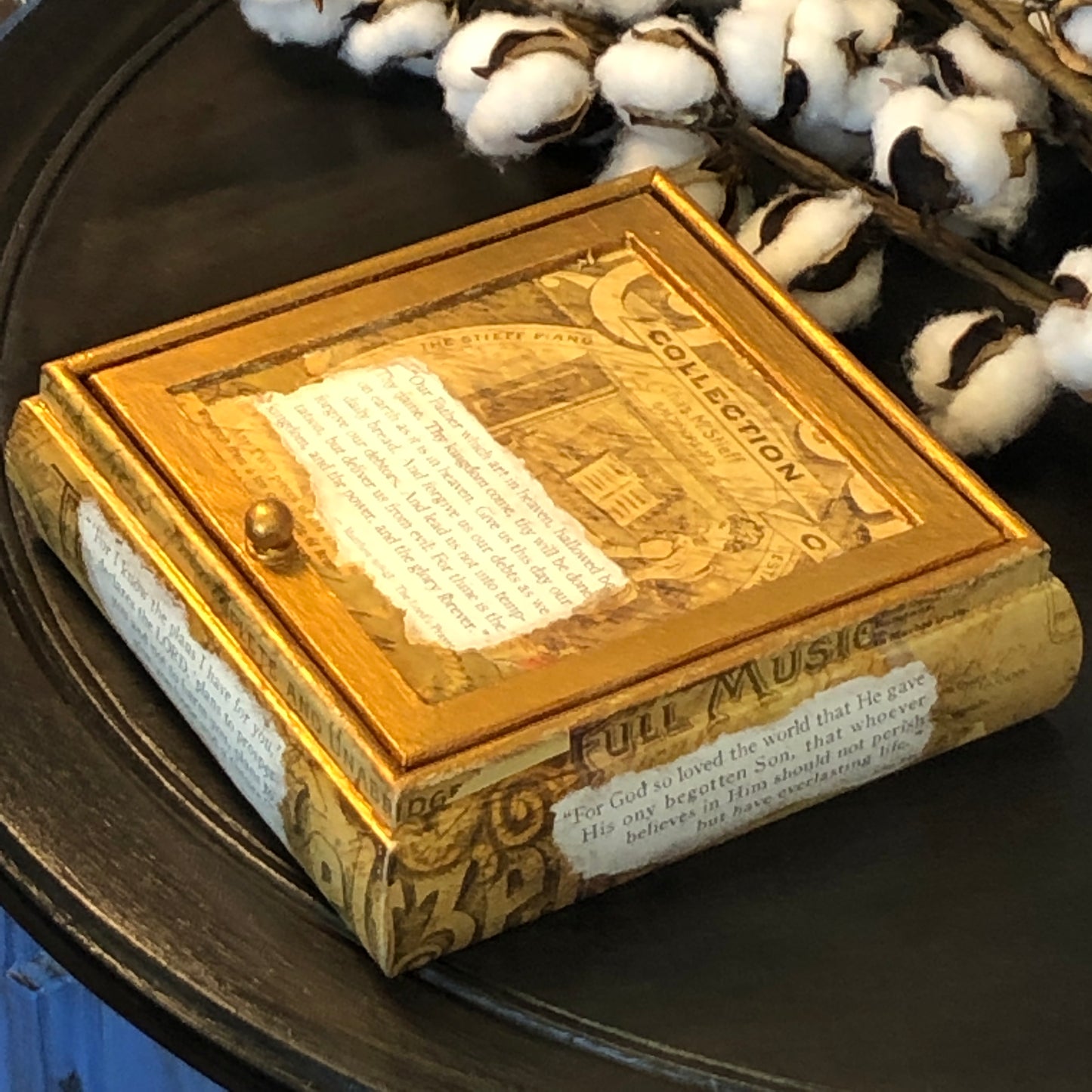 Rustic Old World Scripture Cigar Box, Jewelry Box, Mirror and Velvet Interior