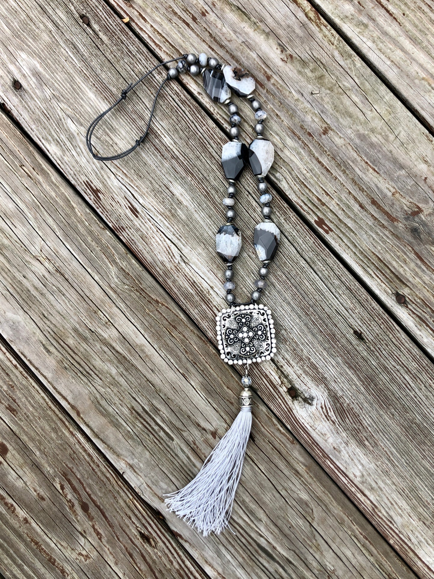 Long Cross Necklace with Black and White Agate Stones, Crackle Agate, Druzy, Hand Knotted on Leather Cord and Handmade Tassle