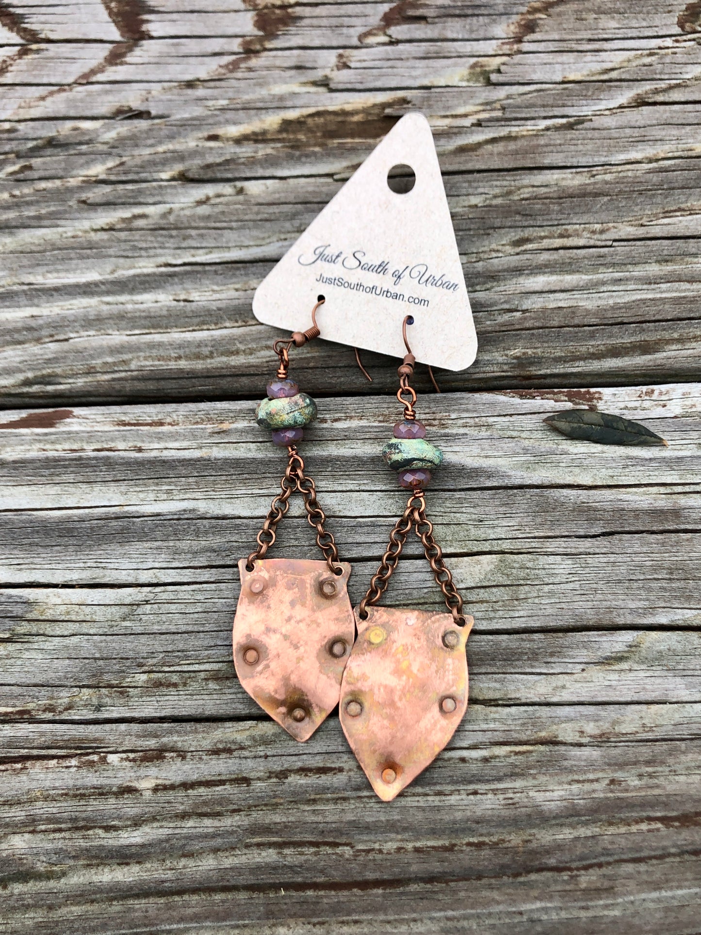 Copper Shield Dangle Earrings with Handmade Stoneware Beads and Faceted Czech Crystals