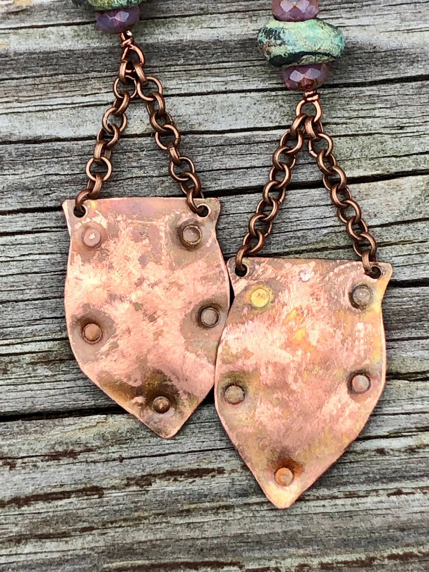 Copper Shield Dangle Earrings with Handmade Stoneware Beads and Faceted Czech Crystals