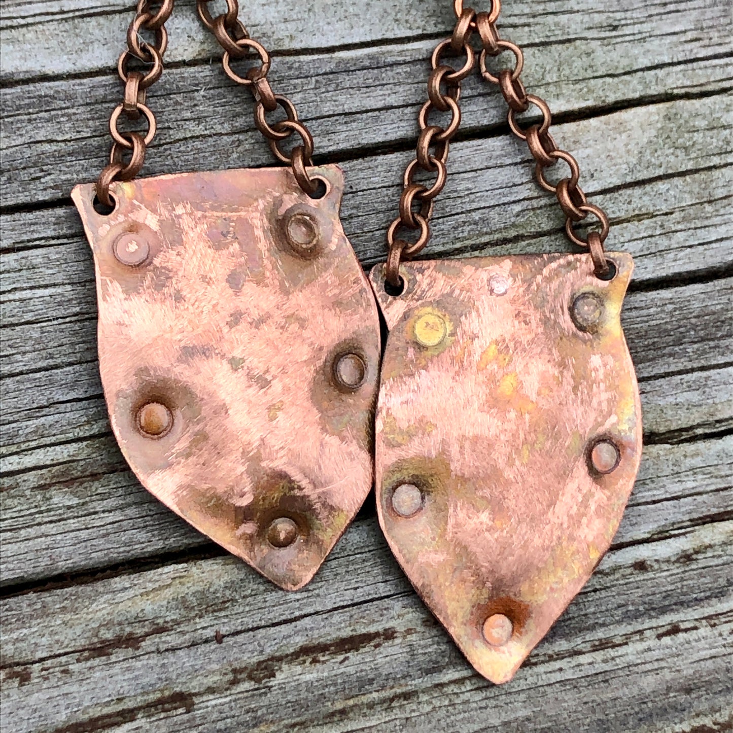 Copper Shield Dangle Earrings with Handmade Stoneware Beads and Faceted Czech Crystals