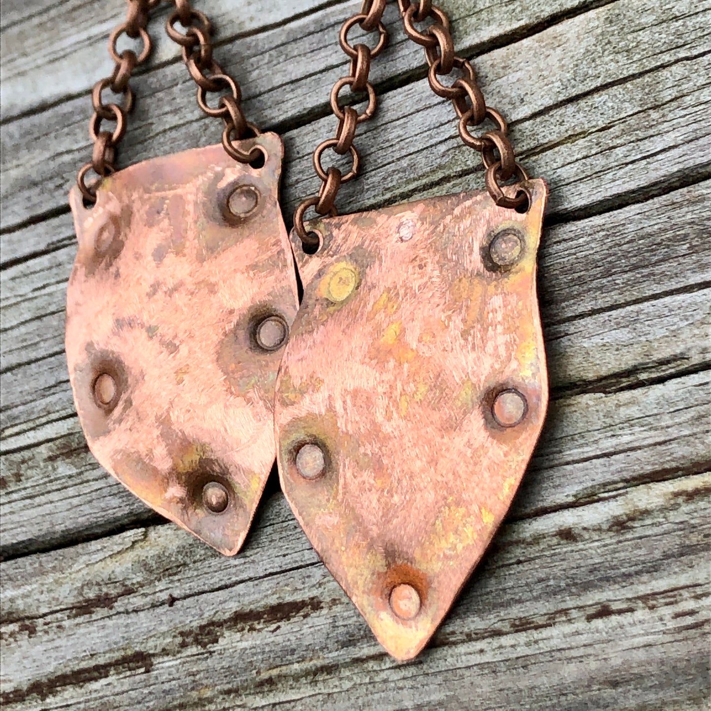 Copper Shield Dangle Earrings with Handmade Stoneware Beads and Faceted Czech Crystals