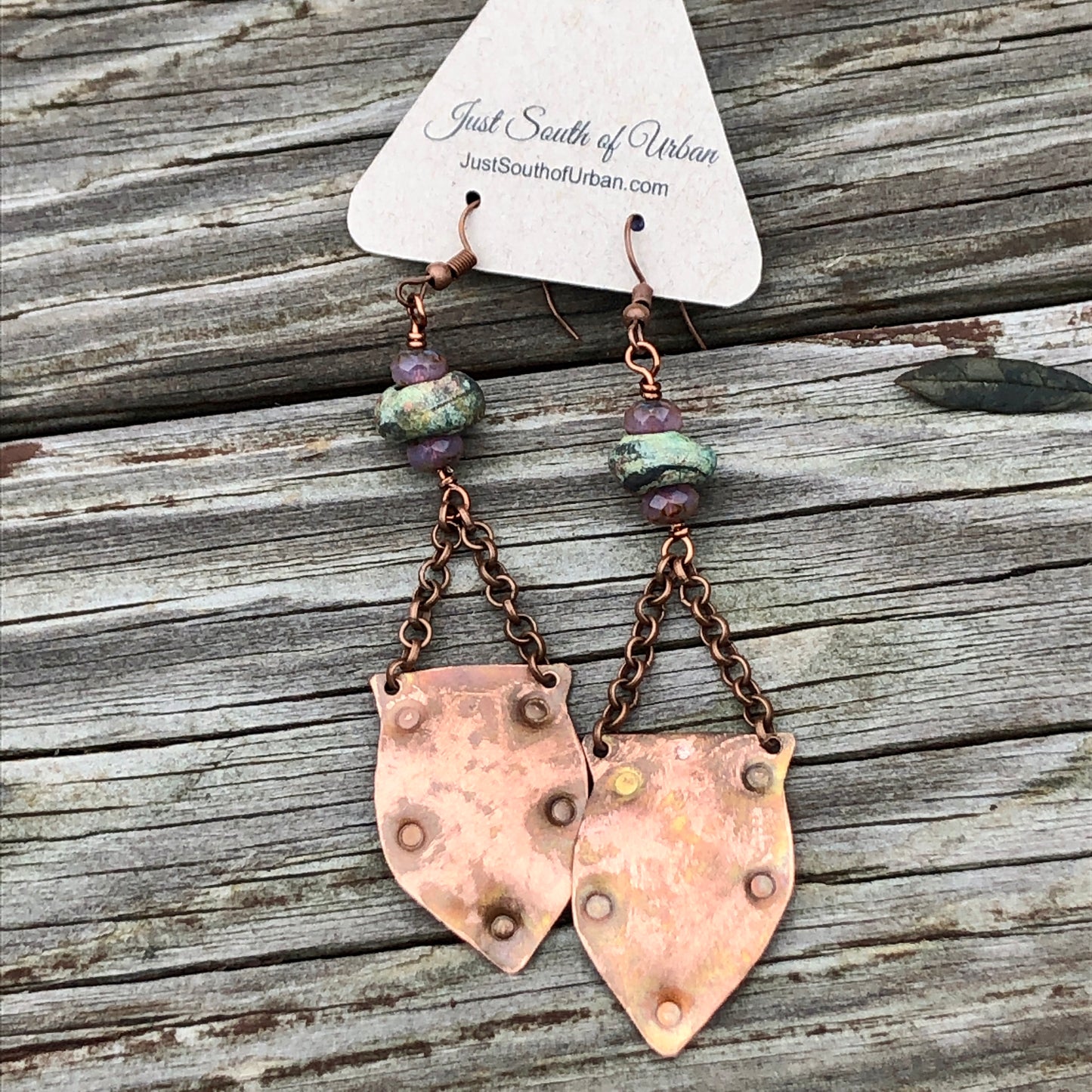 Copper Shield Dangle Earrings with Handmade Stoneware Beads and Faceted Czech Crystals