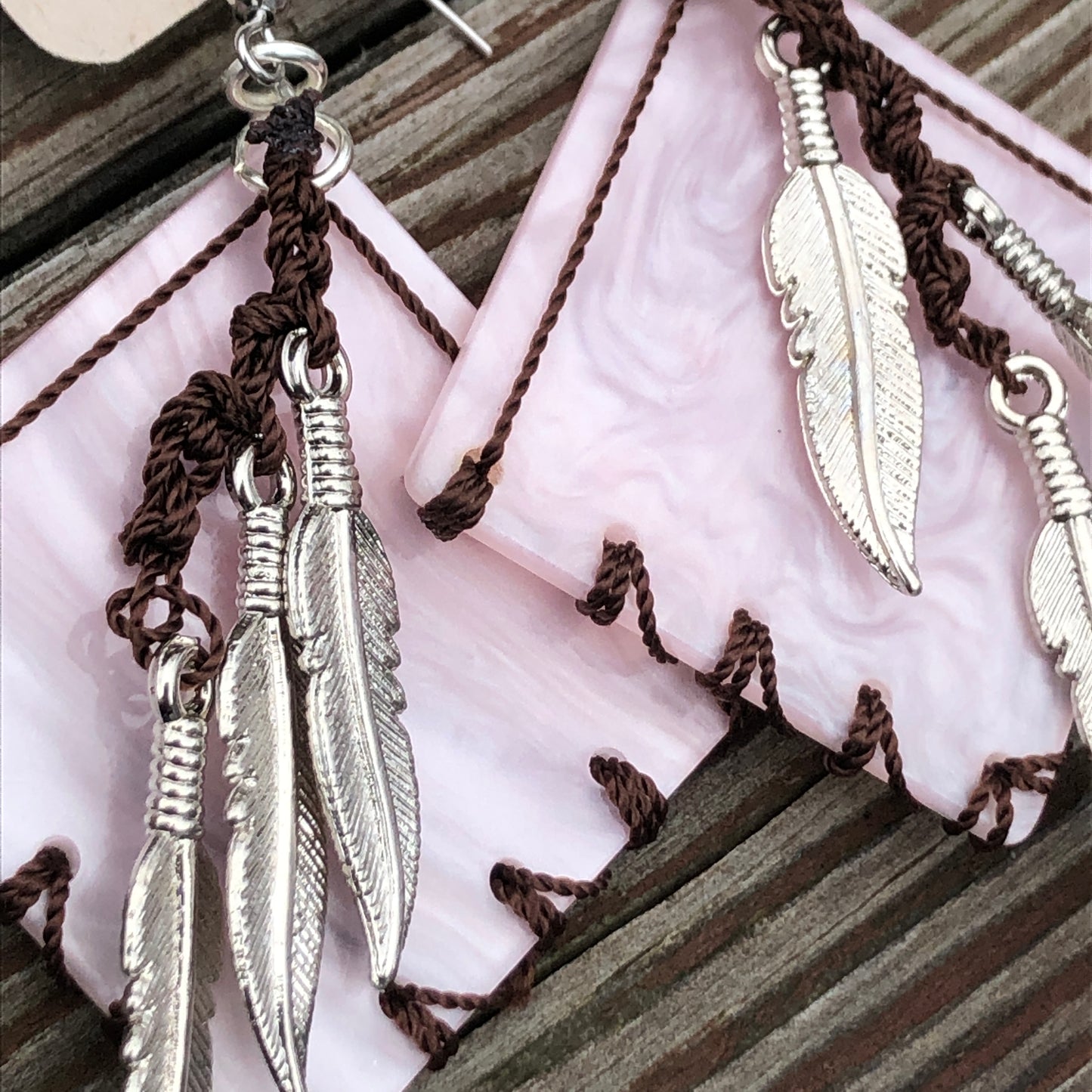 Pink Acrylic, Silver Feathers and a Brown Cotton Weave, Lightweight Earrings