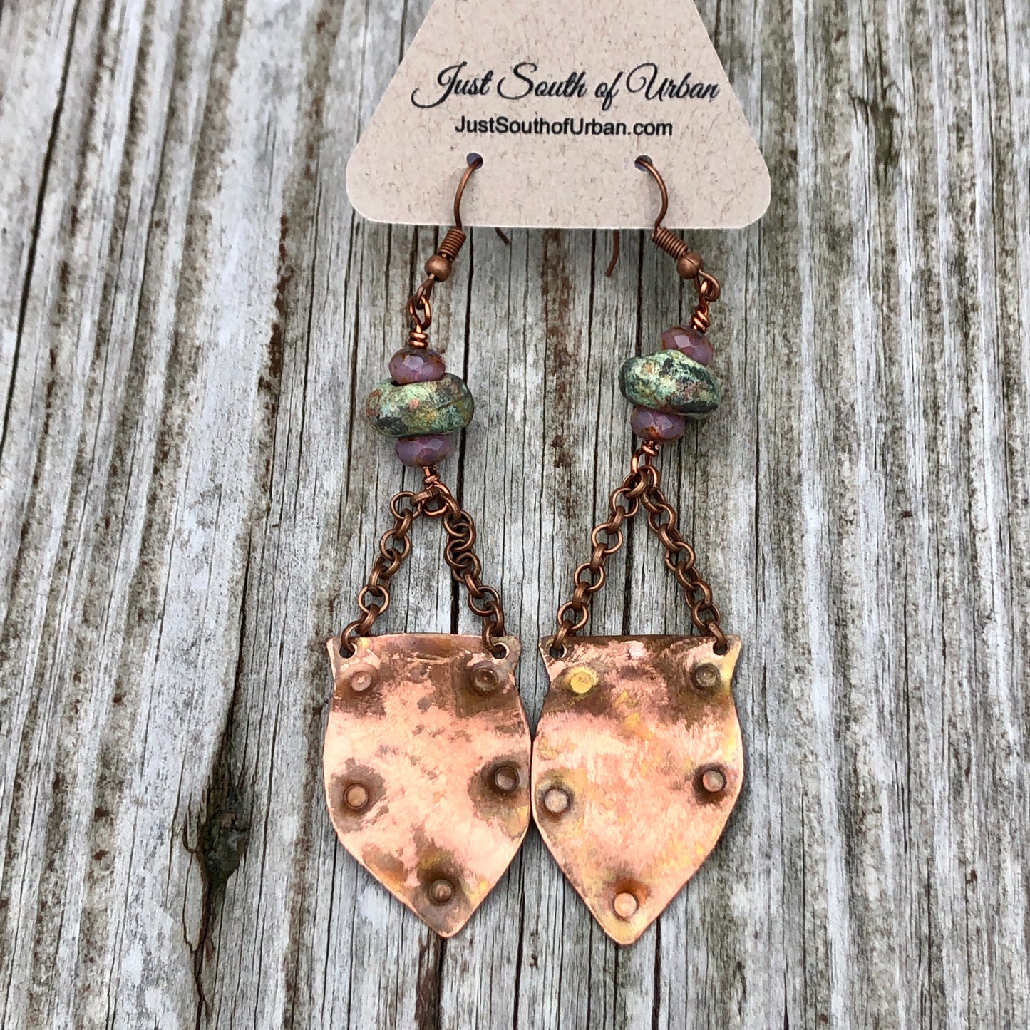 Copper Shield Dangle Earrings with Handmade Stoneware Beads and Faceted Czech Crystals