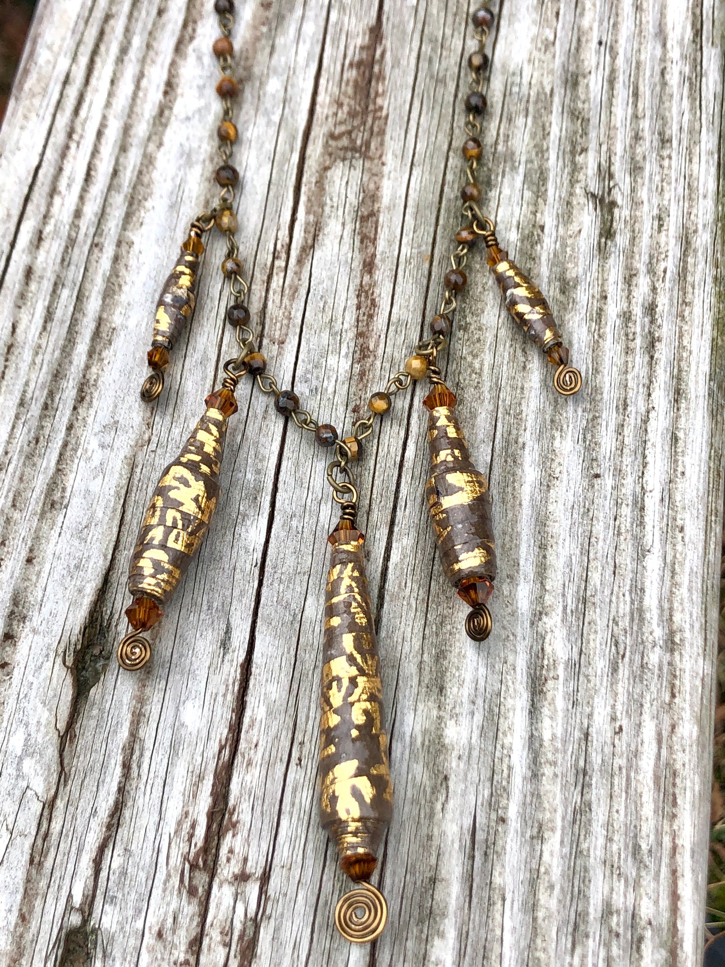 Paper Bead and Crystal Necklace on Tigers Eye Faceted Rosary Bead Chain