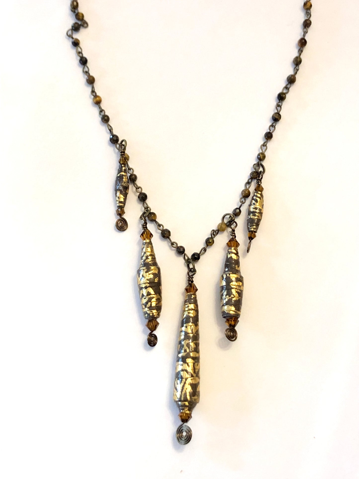 Paper Bead and Crystal Necklace on Tigers Eye Faceted Rosary Bead Chain
