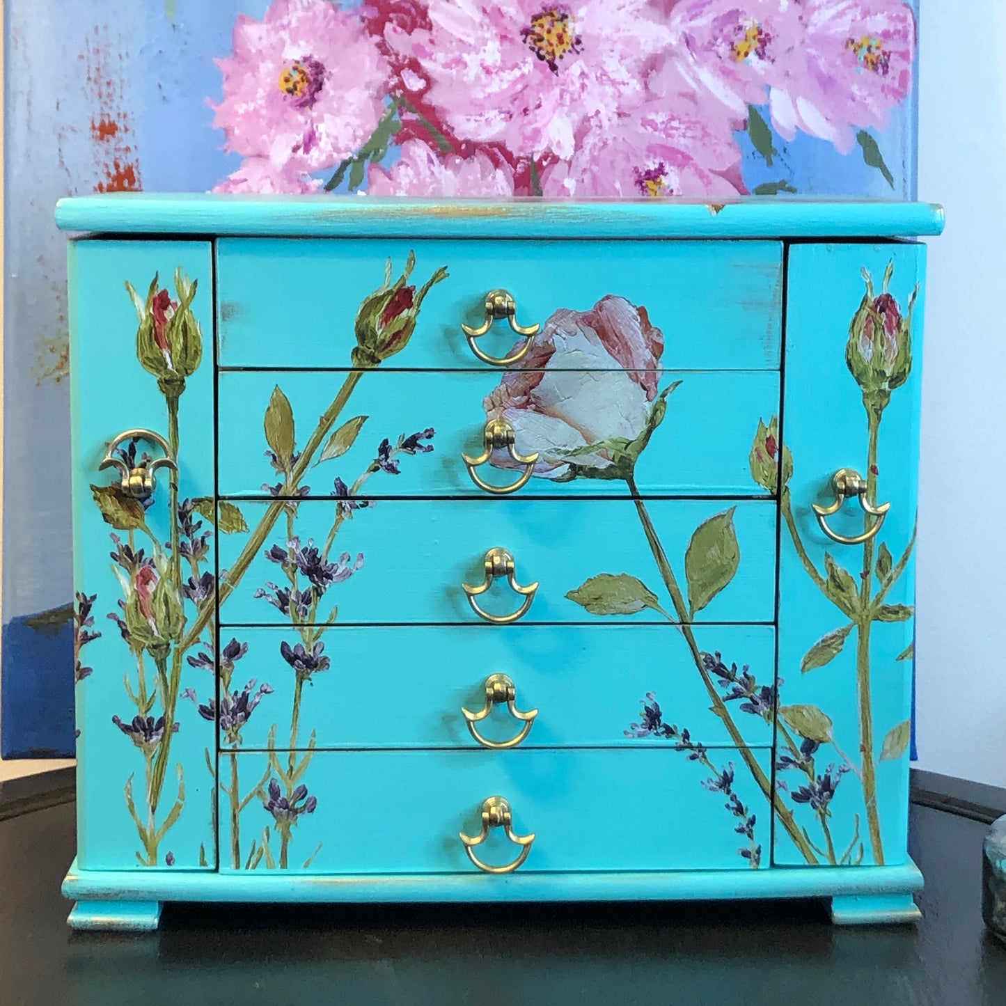 English Garden, Table Top Jewelry Box, Hand Painted Furniture, Roses and Lavender, Old 57 Turquoise, 4 drawer plus Tray and Long Hanging