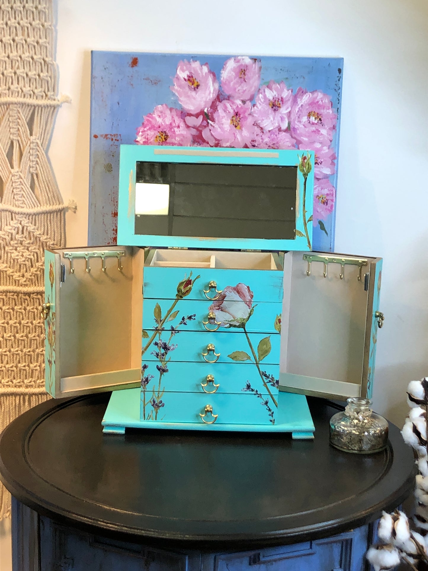 English Garden, Table Top Jewelry Box, Hand Painted Furniture, Roses and Lavender, Old 57 Turquoise, 4 drawer plus Tray and Long Hanging