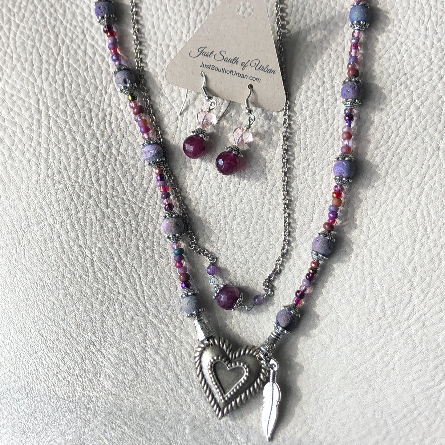 Pewter Heart Necklace, Double Strand, Amethyst, Glass beads and Druzy