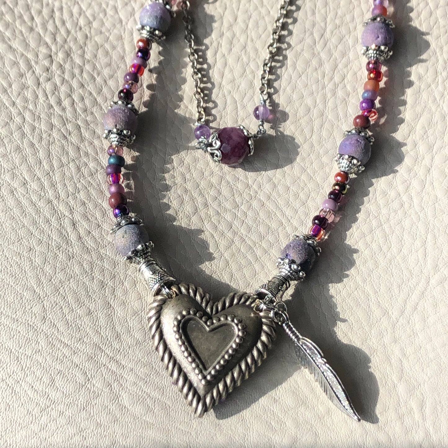 Pewter Heart Necklace, Double Strand, Amethyst, Glass beads and Druzy