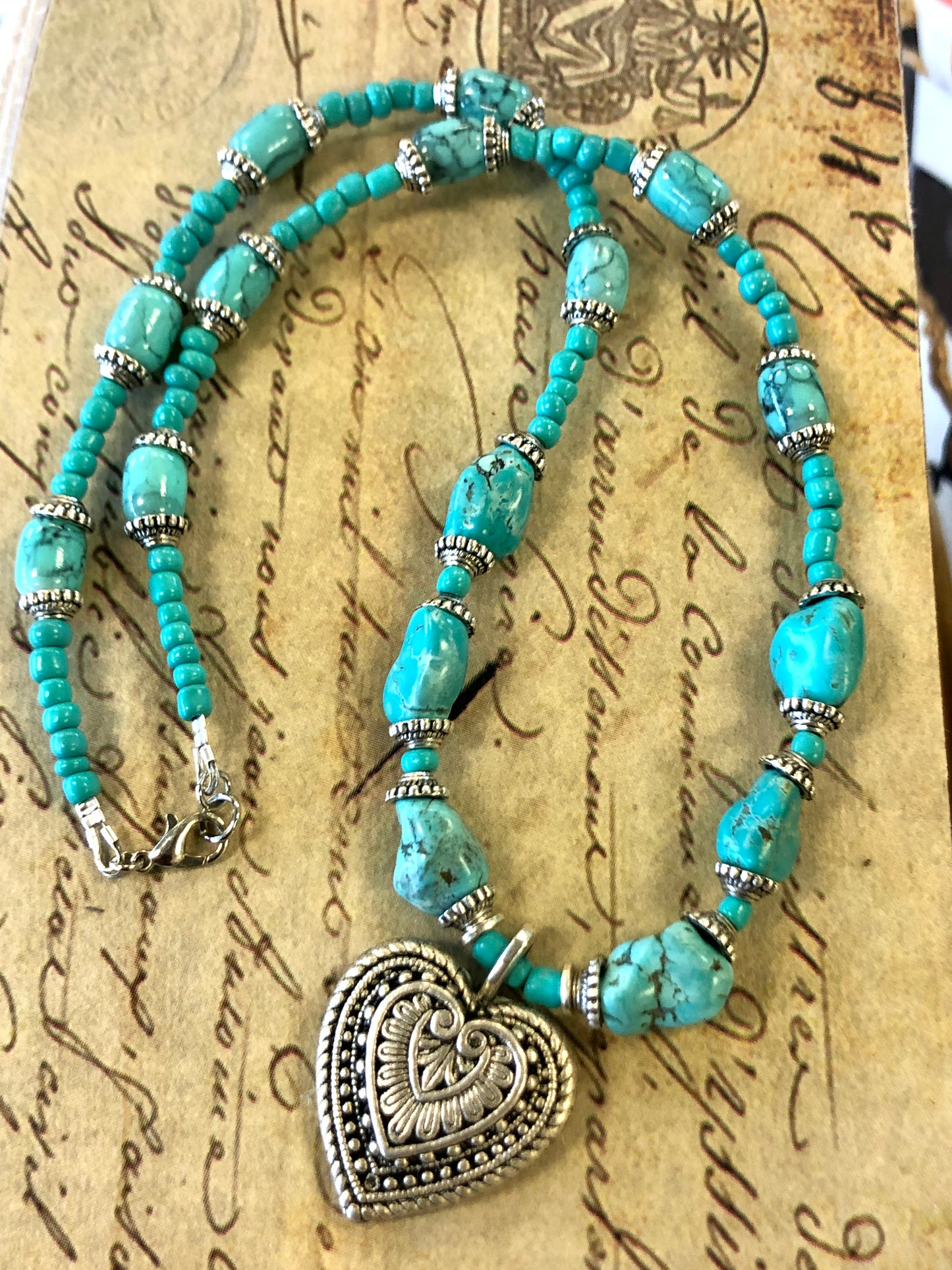 Silver Heart Turquoise Howlite and Glass Necklace, 20 inches