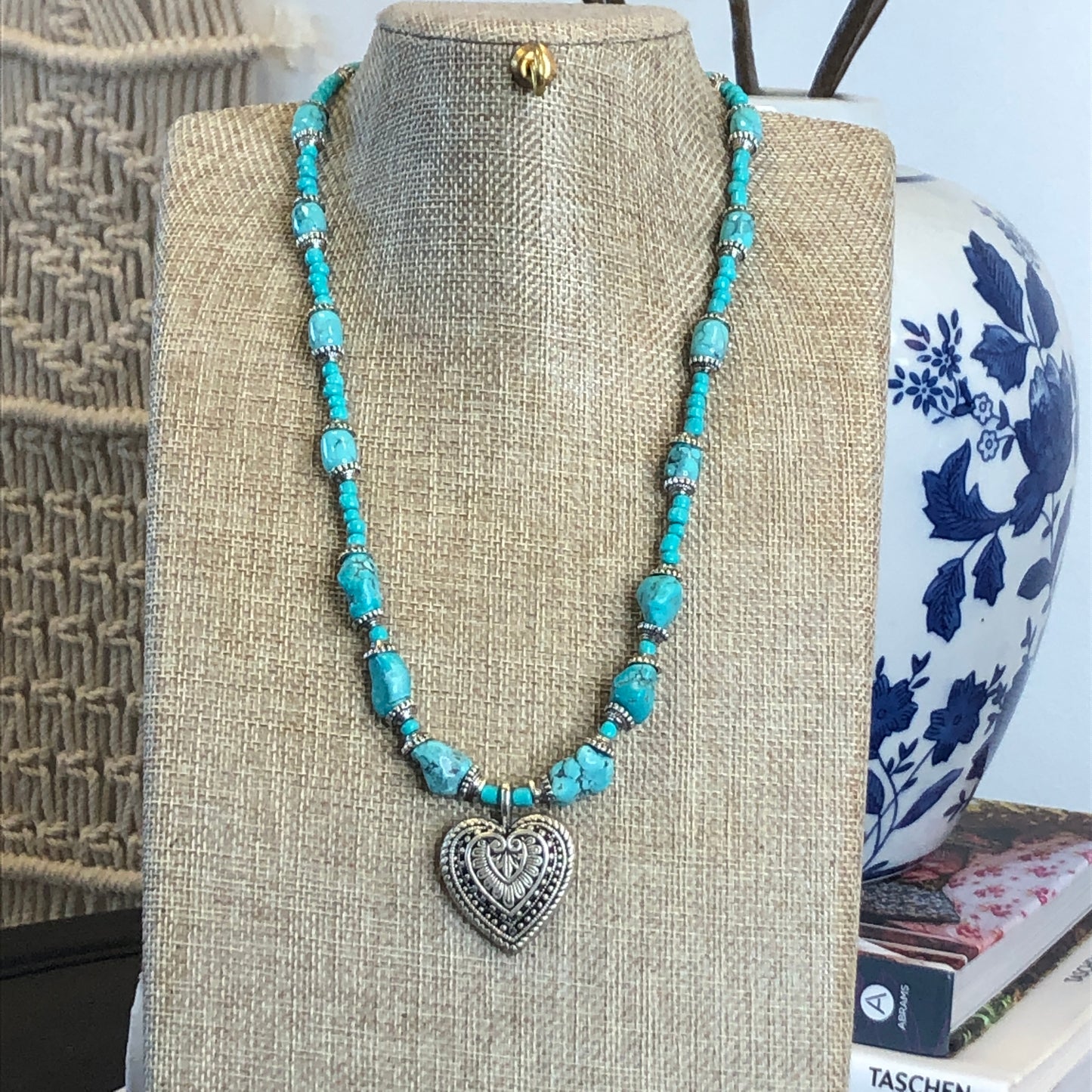 Silver Heart Turquoise Howlite and Glass Necklace, 20 inches