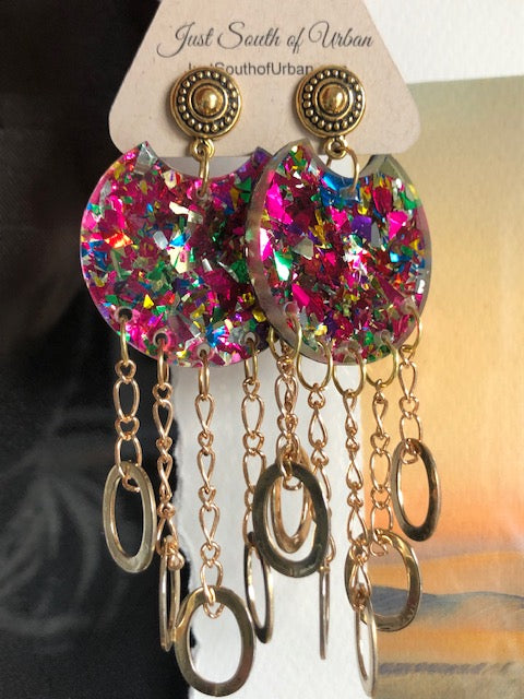 Where's The Party?  Acrylic and Gold Chain Dangle Earrings  4" Drop
