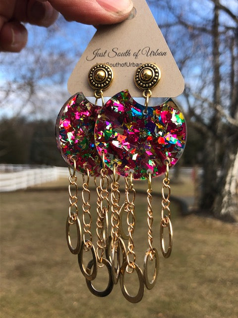 Where's The Party?  Acrylic and Gold Chain Dangle Earrings  4" Drop