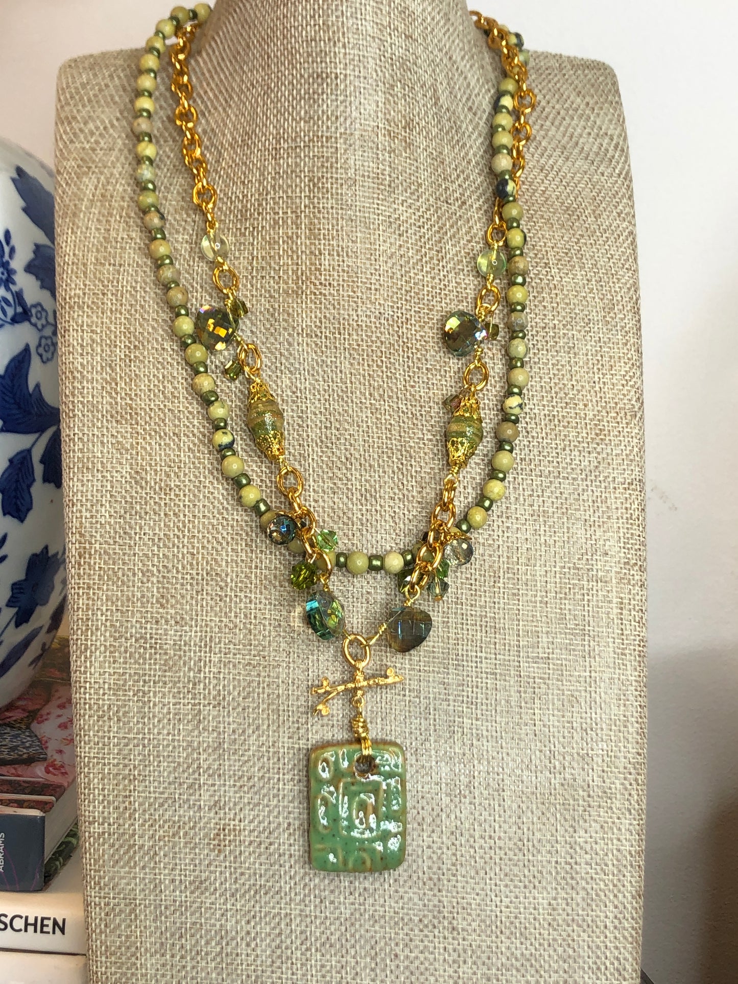 Meet Geo, Double Strand Necklace with Jasper Gemstones, Crystals, Fabric and Glass beads