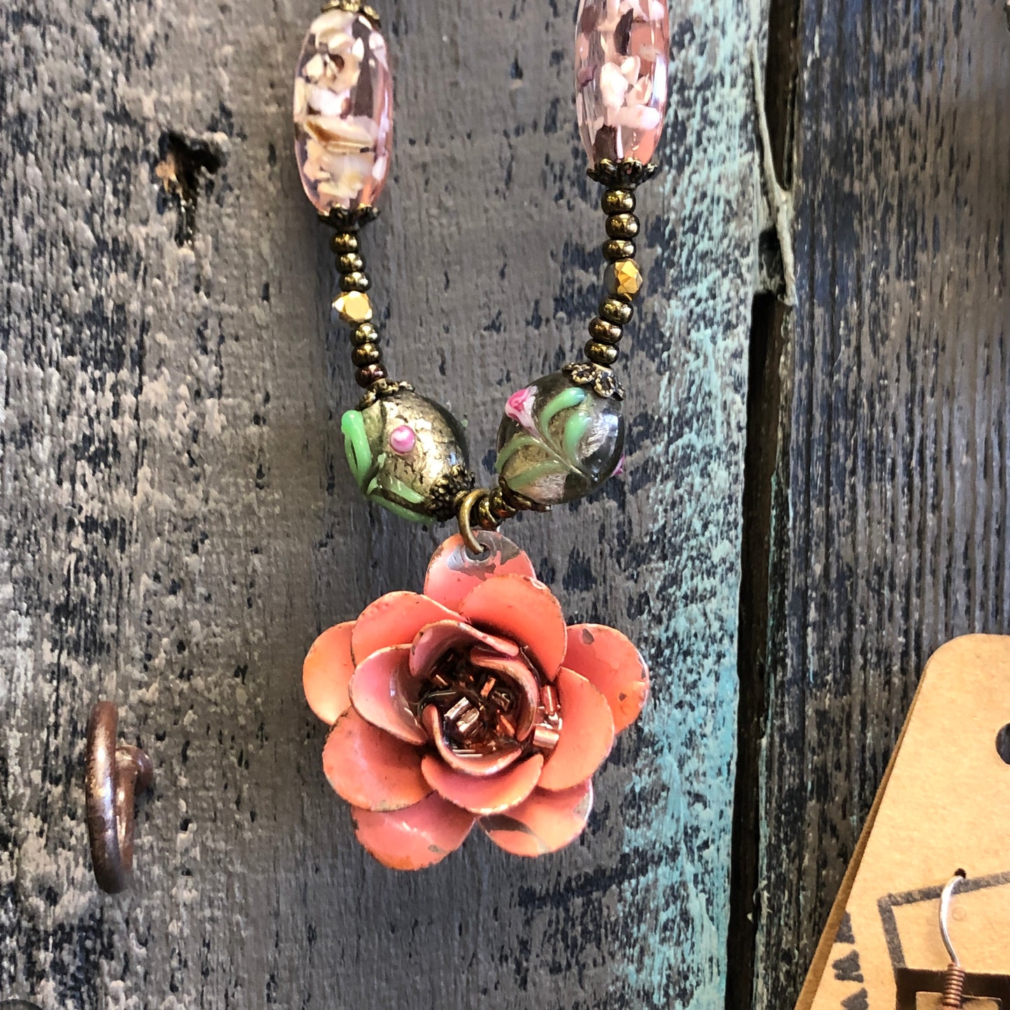 Miss Sweetness, Chippy Paint Flower Necklace in Coral, Butterflies, Hummingbirds, Handmade Lampwork Floral Beads, 20 Inches "