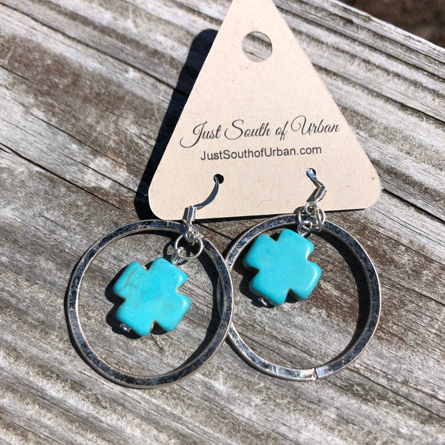 Turquoise Magnesite Cross Hoop Earrings 2" x 1.25"