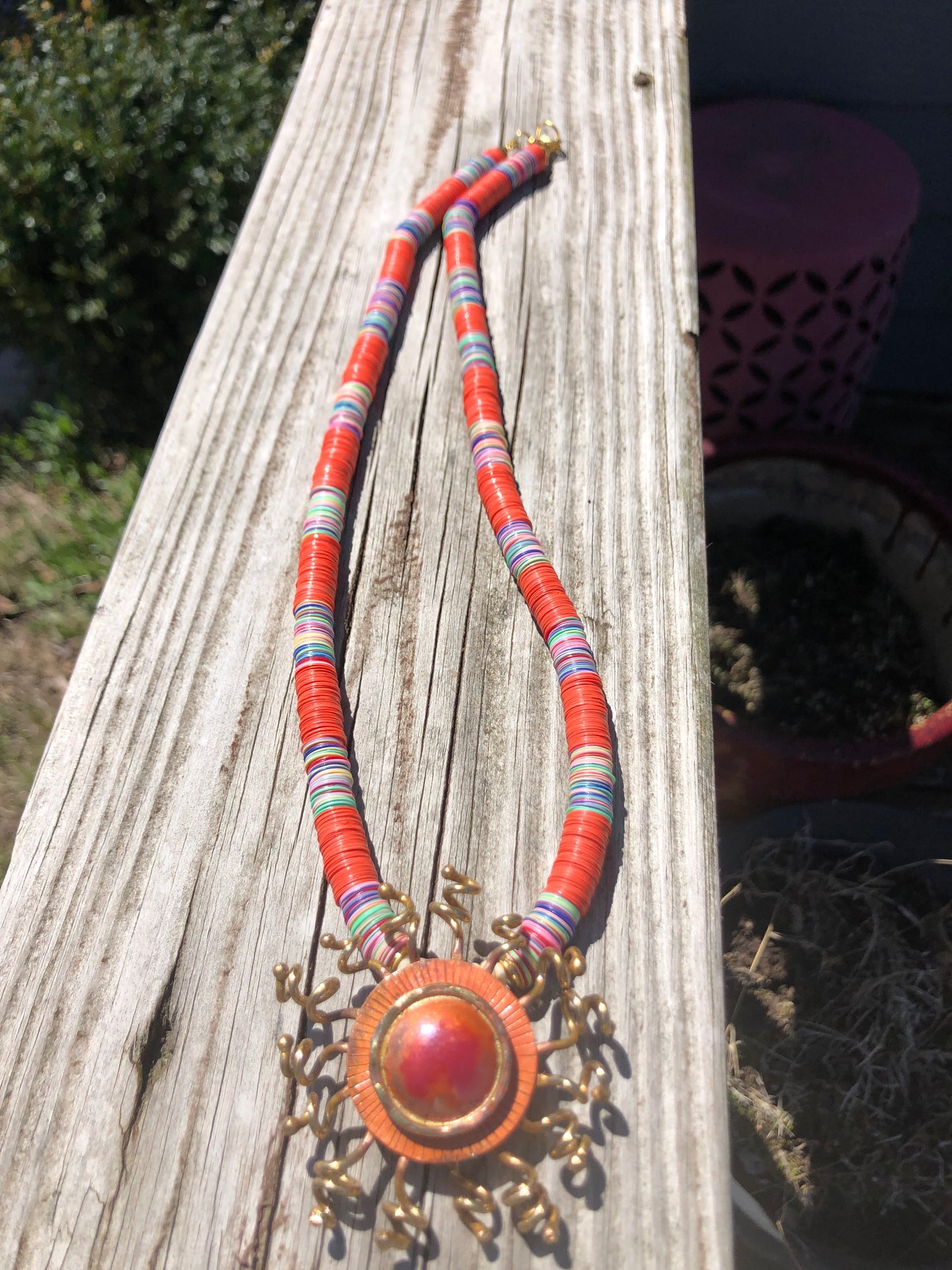 Sun Pendant Necklace, Copper and Brass Handmade Sun on Orange and Multi-Color Vinyl Beaded Necklace