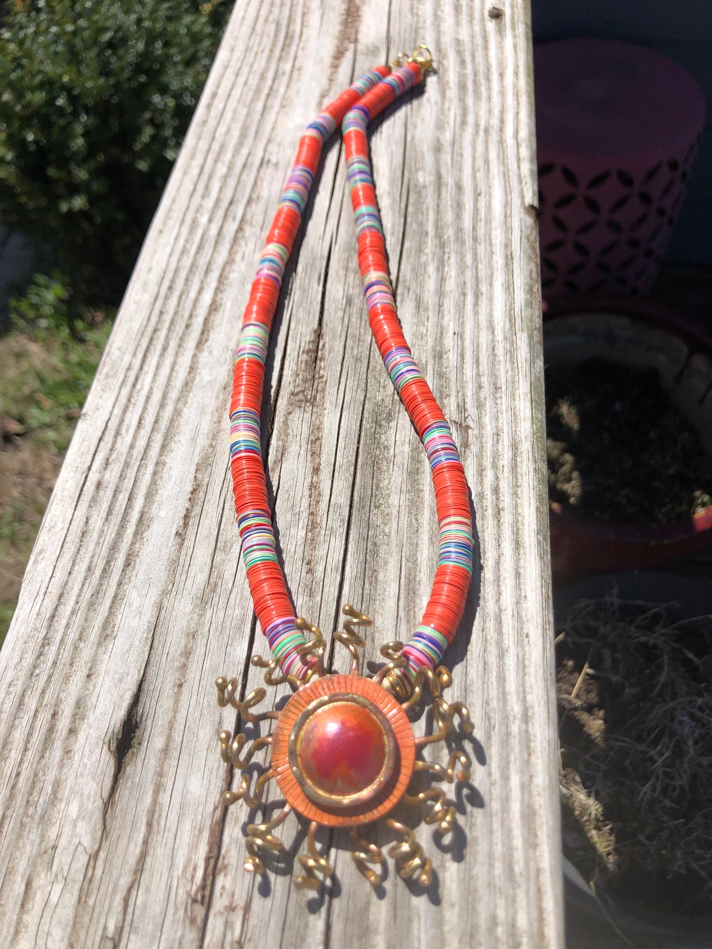 Sun Pendant Necklace, Copper and Brass Handmade Sun on Orange and Multi-Color Vinyl Beaded Necklace