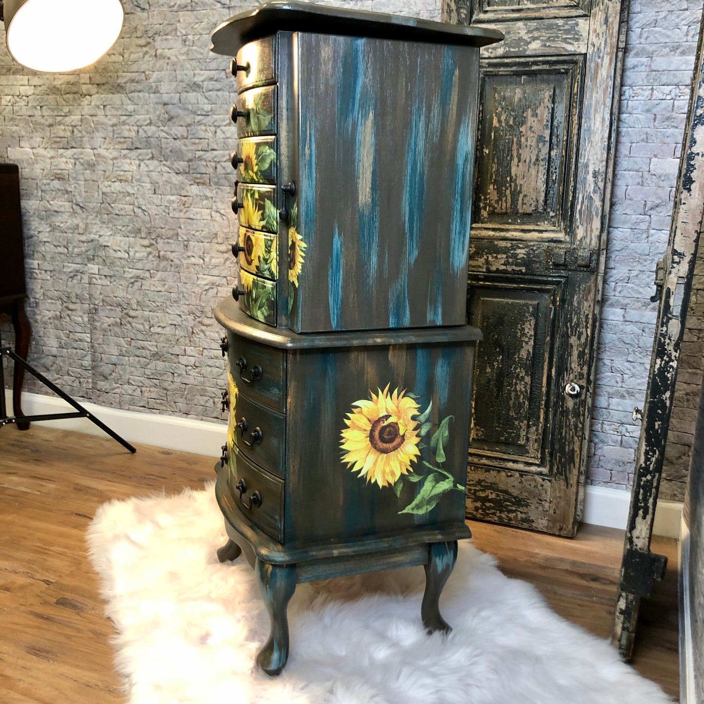 Miss Loretta, Hand Painted Jewelry Armoire, Rustic Barnwood and Sunflower finish