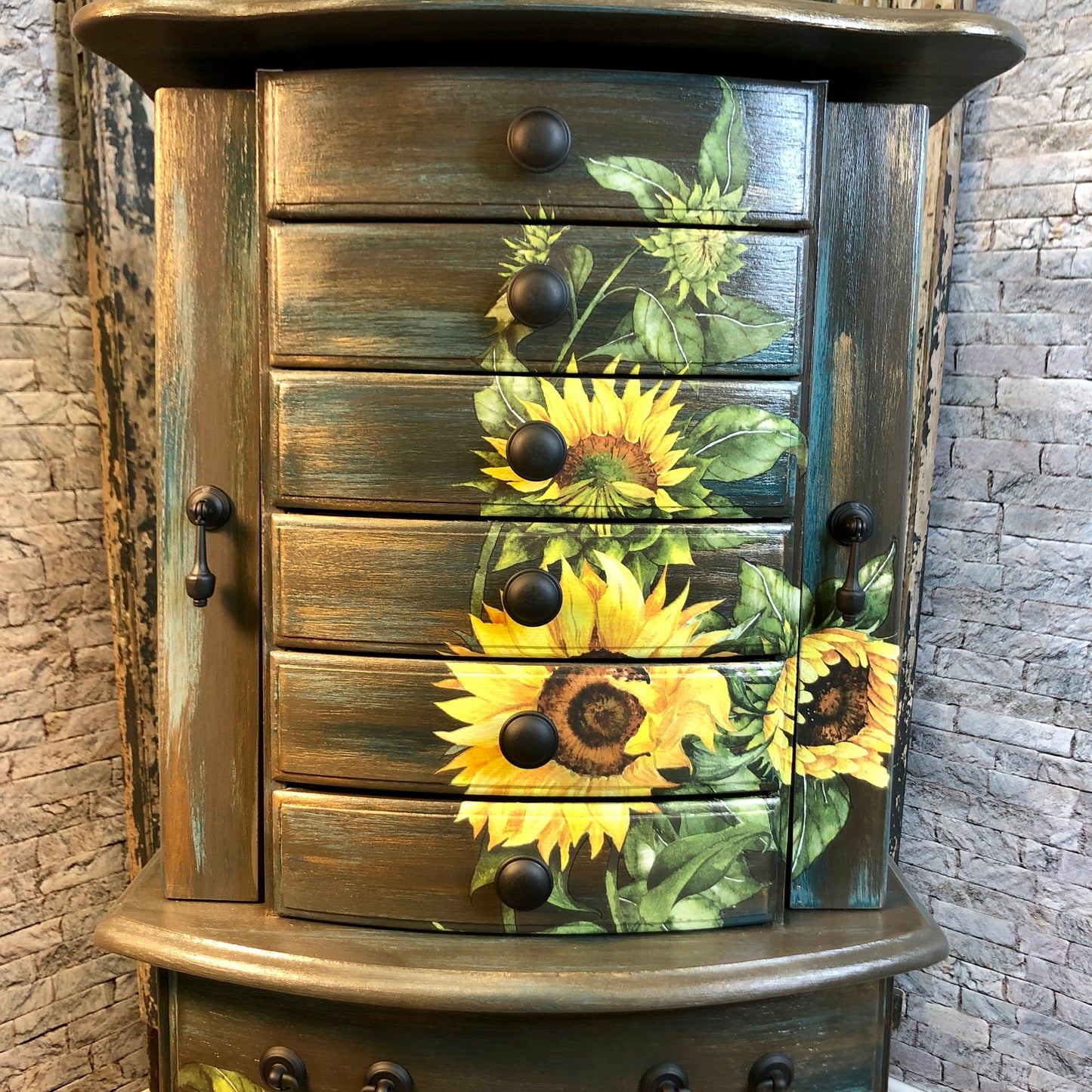 Miss Loretta, Hand Painted Jewelry Armoire, Rustic Barnwood and Sunflower finish