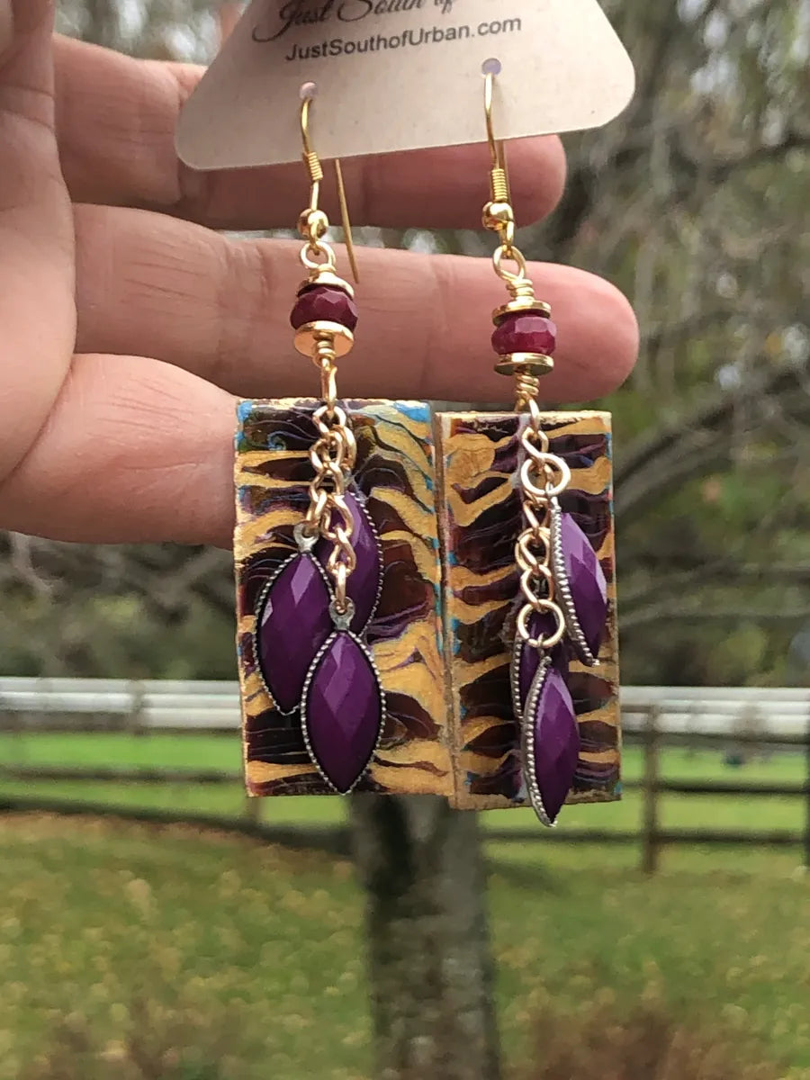 Purple Tiger Paint Pour Earrings 3" x 3/4"