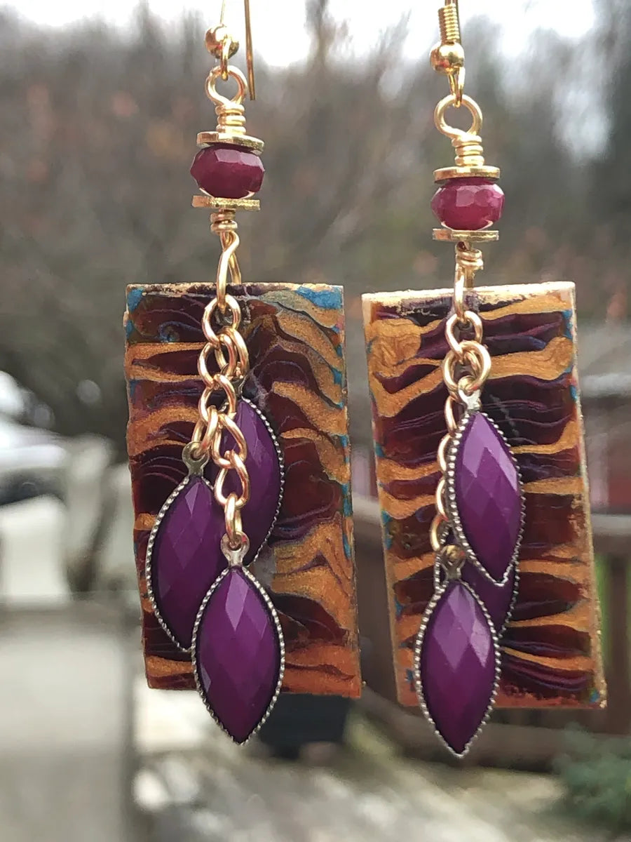 Purple Tiger Paint Pour Earrings 3" x 3/4"