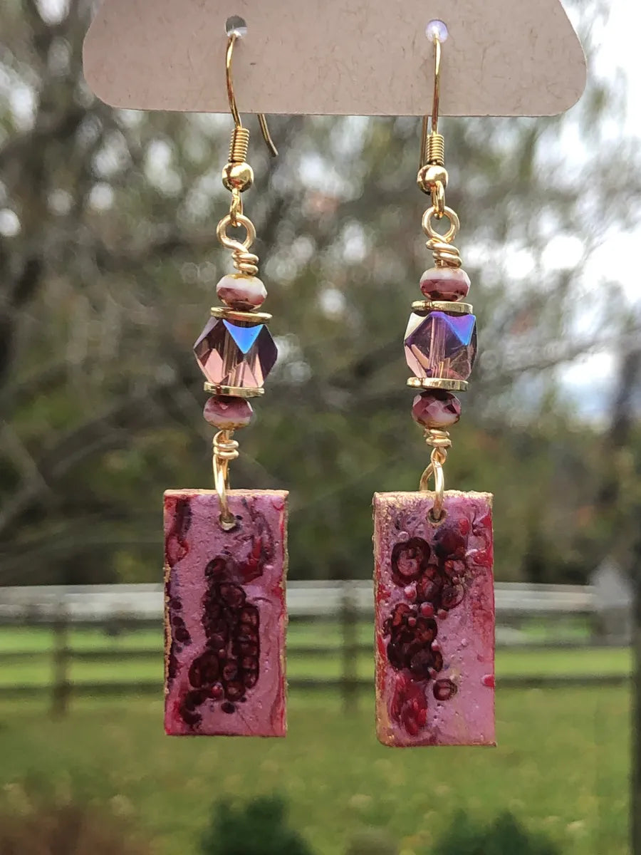 Pink Crystal, Pink Czech Faceted, Gold Saucers and Paint Pour Earrings 2.75"