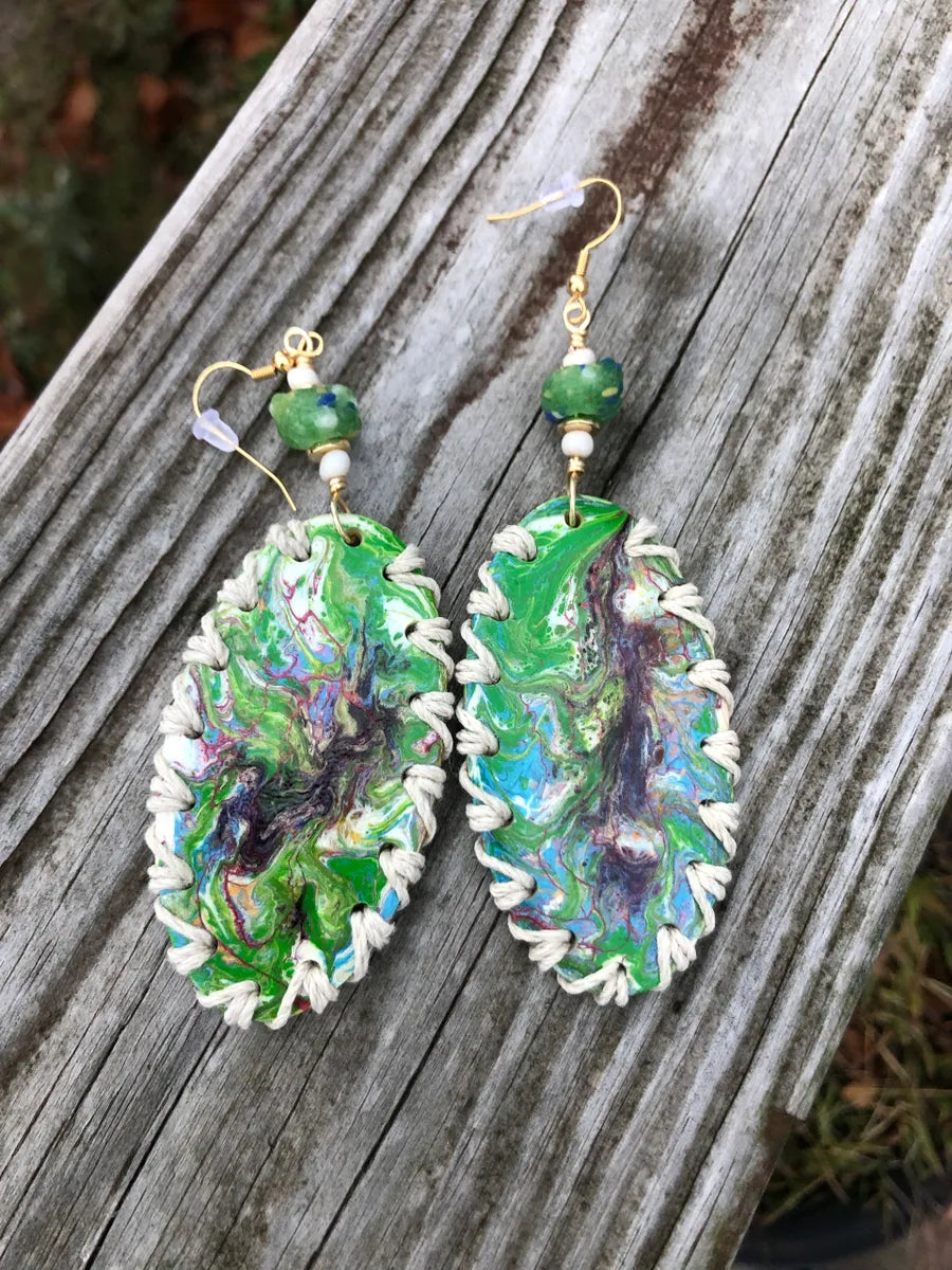 Green, Purple, Blue and White with a touch of Pink Paint Pour Earrings, 4.25" x 1.5"