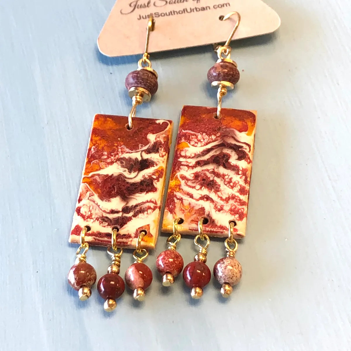 Rustic Rust and Gemstone Earrings, Hand Painted, 3.25 Inches in Length, Lightweight Boho Earrings
