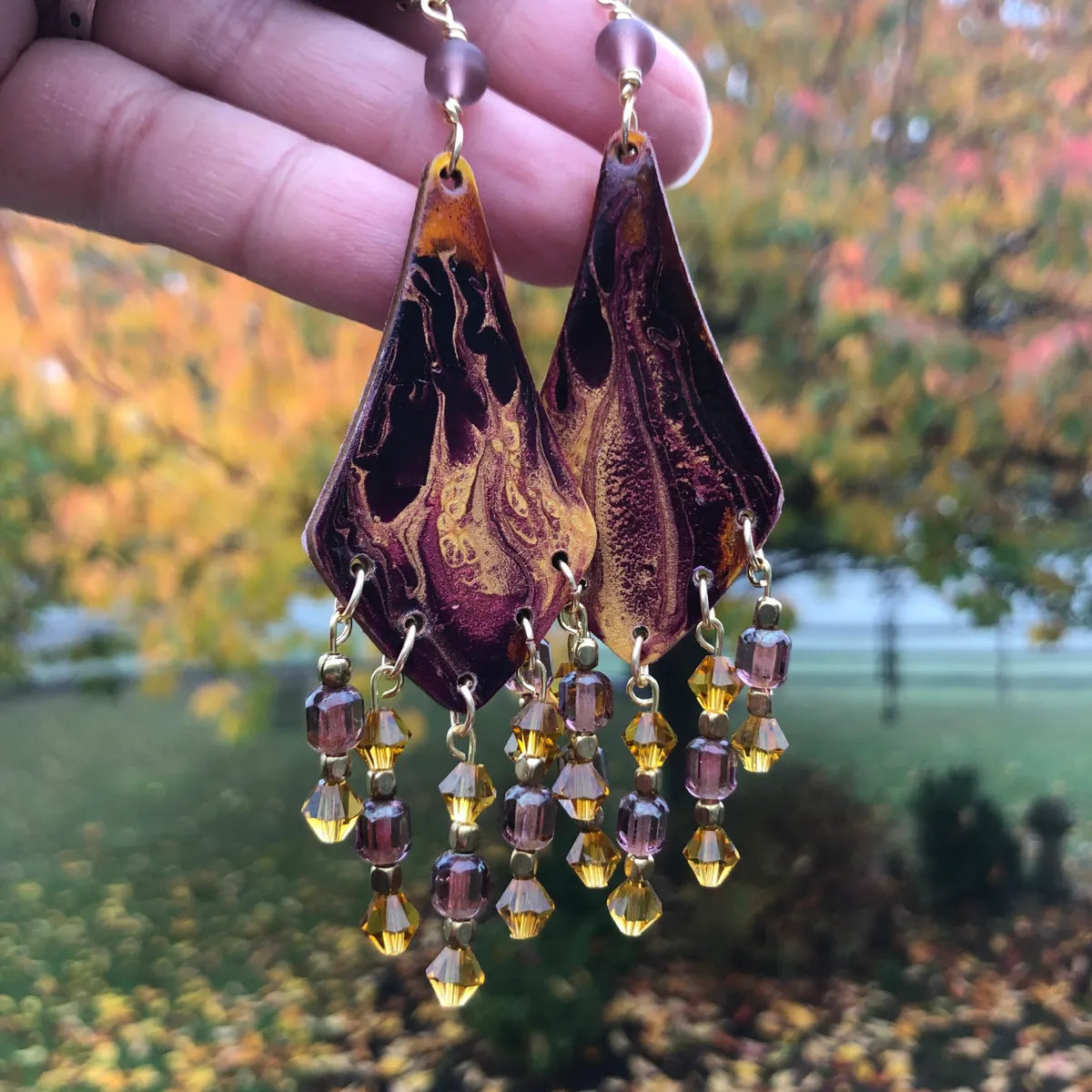 Purple and Gold Paint Pour Earrings, 4.5" x 1", Lightweight Crystal Earrings