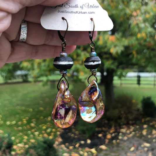 Abalone Shell Earrings with Silver Inlay Wood Beads and Czech Glass Faceted Beads